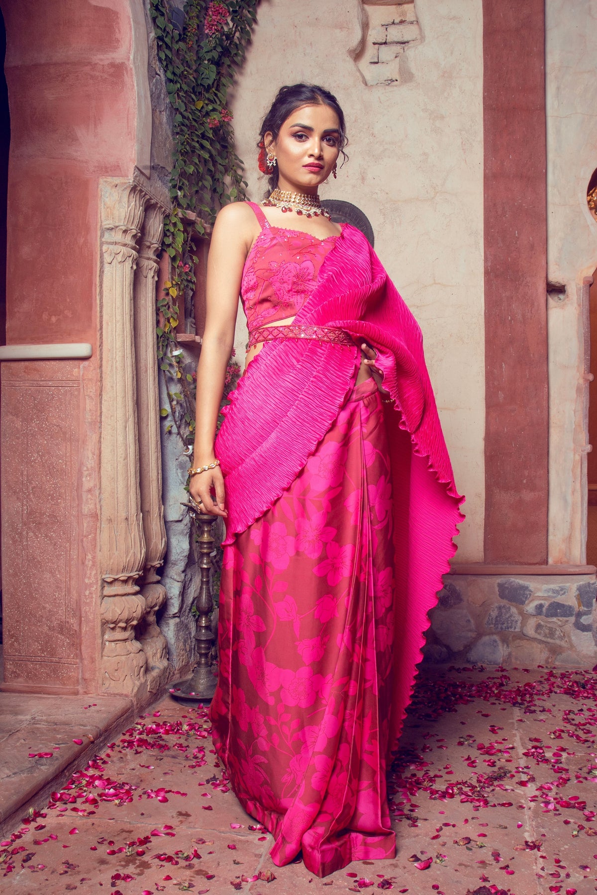 Maroon and Hot Pink Embroidered Drape Saree Set