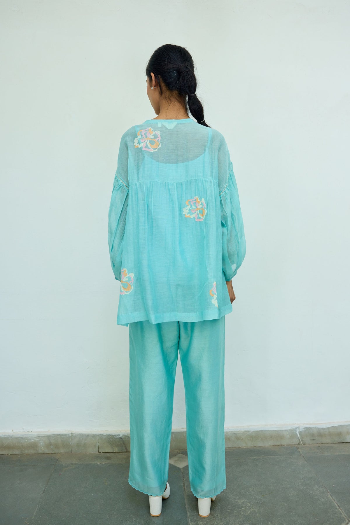 Hand Embroidered Turquoise Chanderi Top