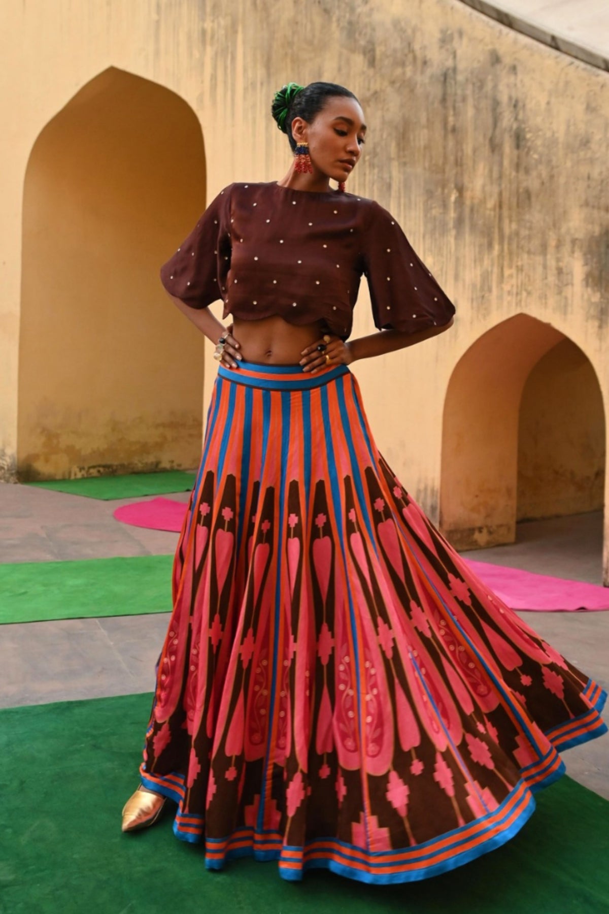 Brown Pink Kilim Lehenga Set