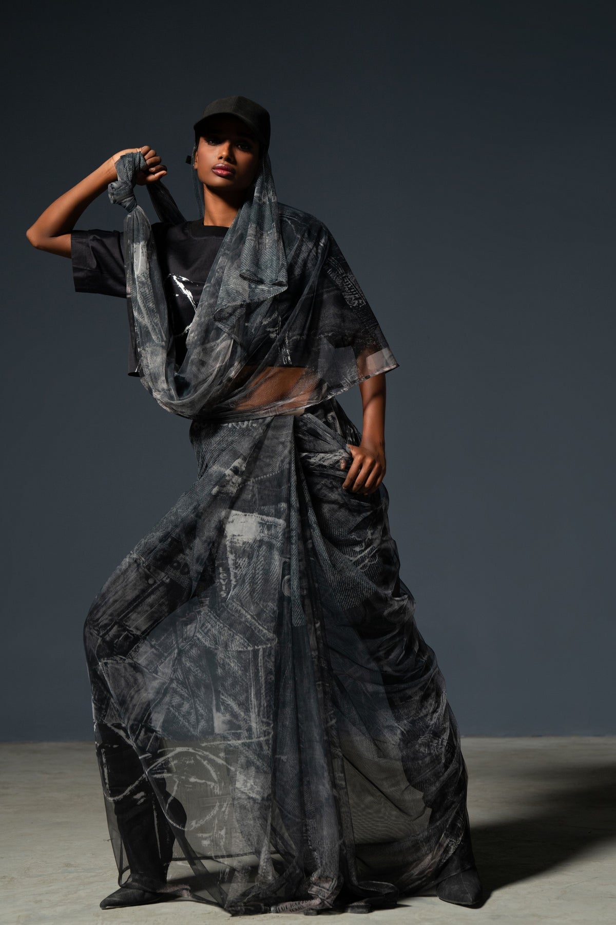 Black Denim Print Saree 