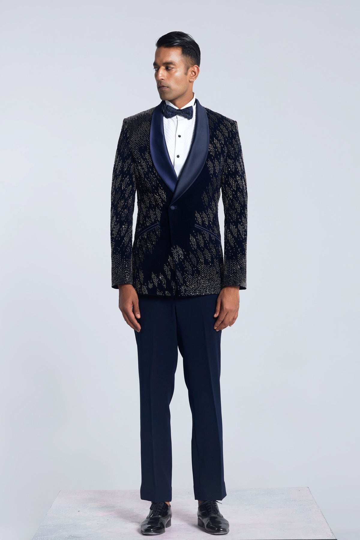 Navy Blue Velvet Pearl Embroidered Tuxedo Set