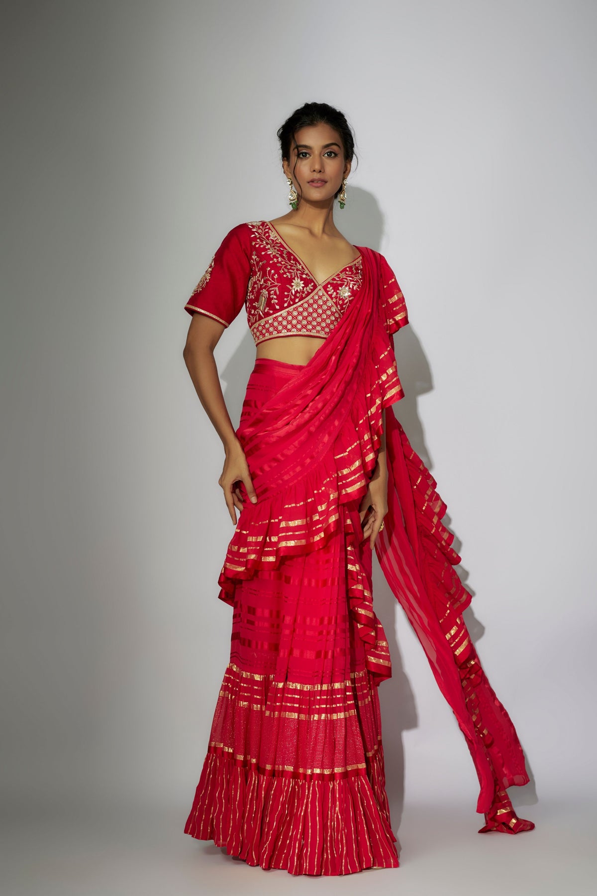 Cherry Red Pre-stitched Saree Set