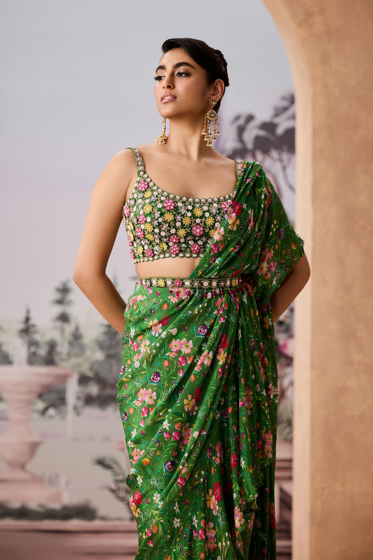 Sjy Green 3d Saree Set