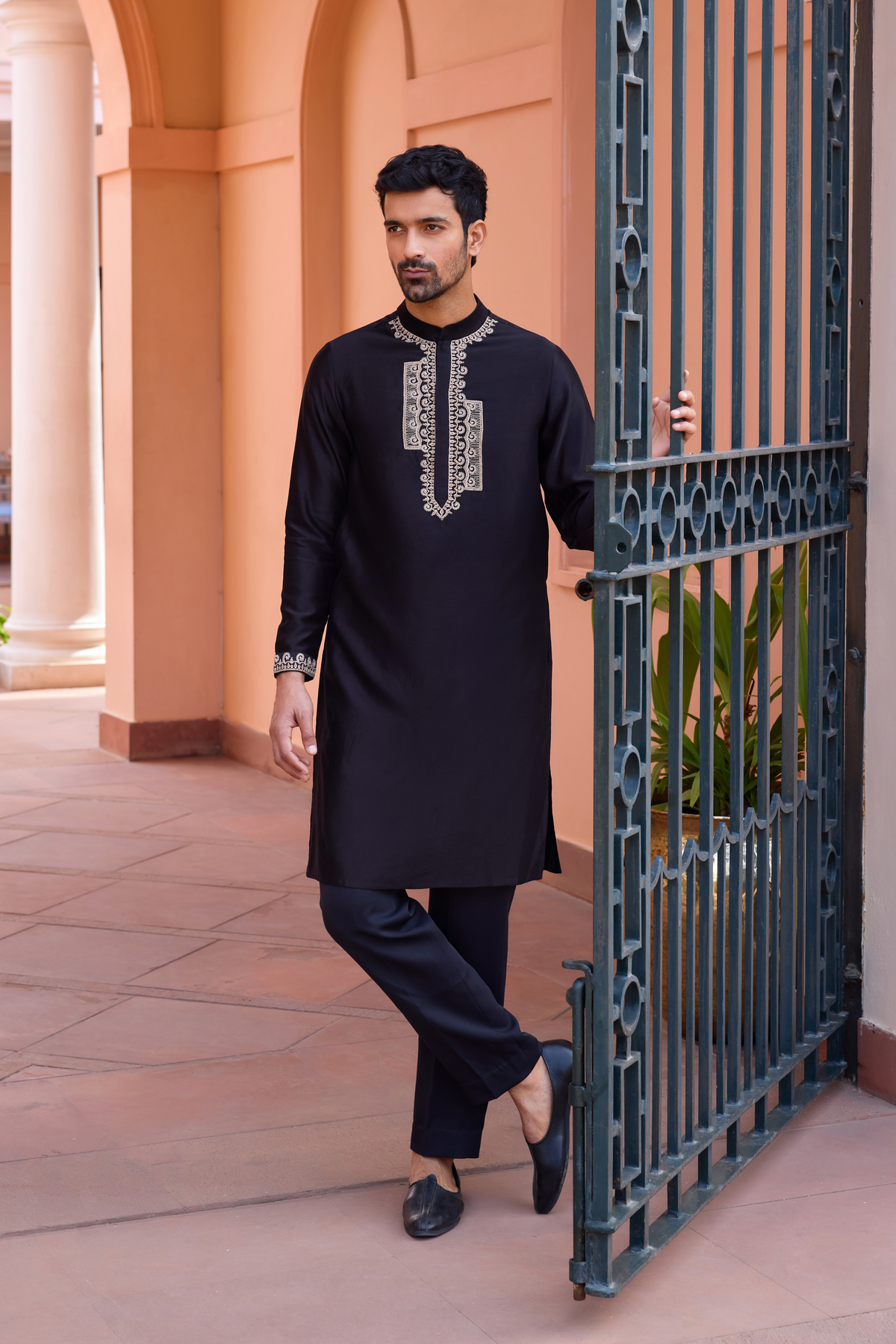 Black dori and hand embroidered silk kurta