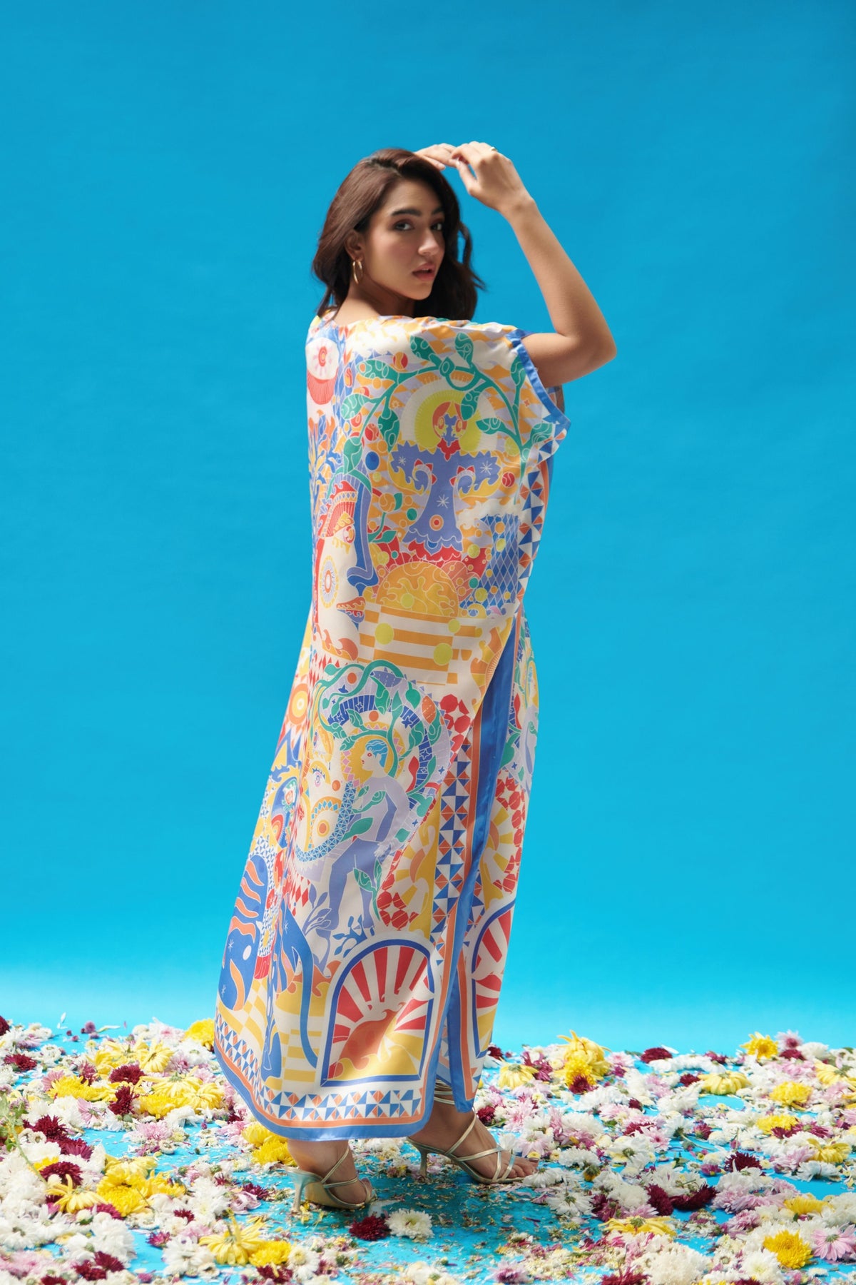 Multicolor Print Pleated Long Kaftan