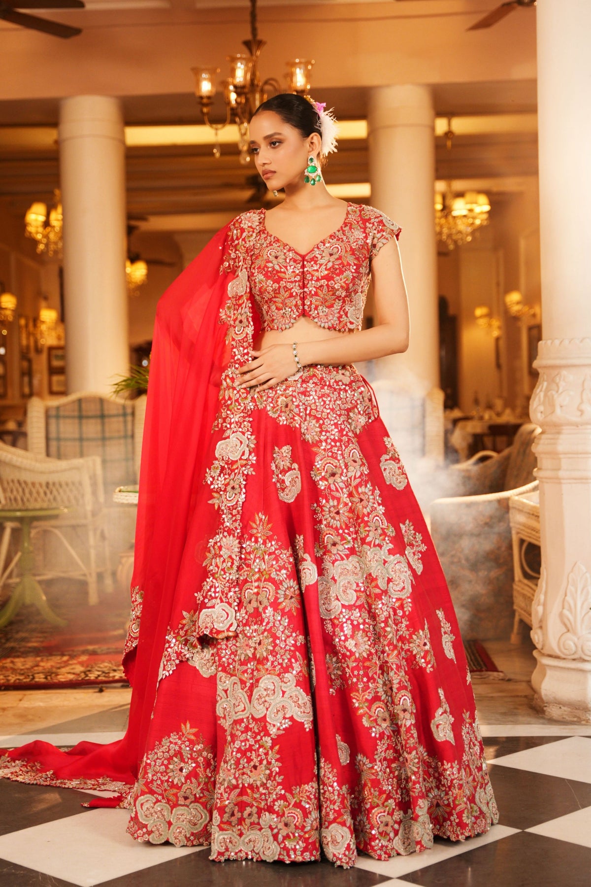 Hand Embroidered Red Placement Embroidered Lehenga Set