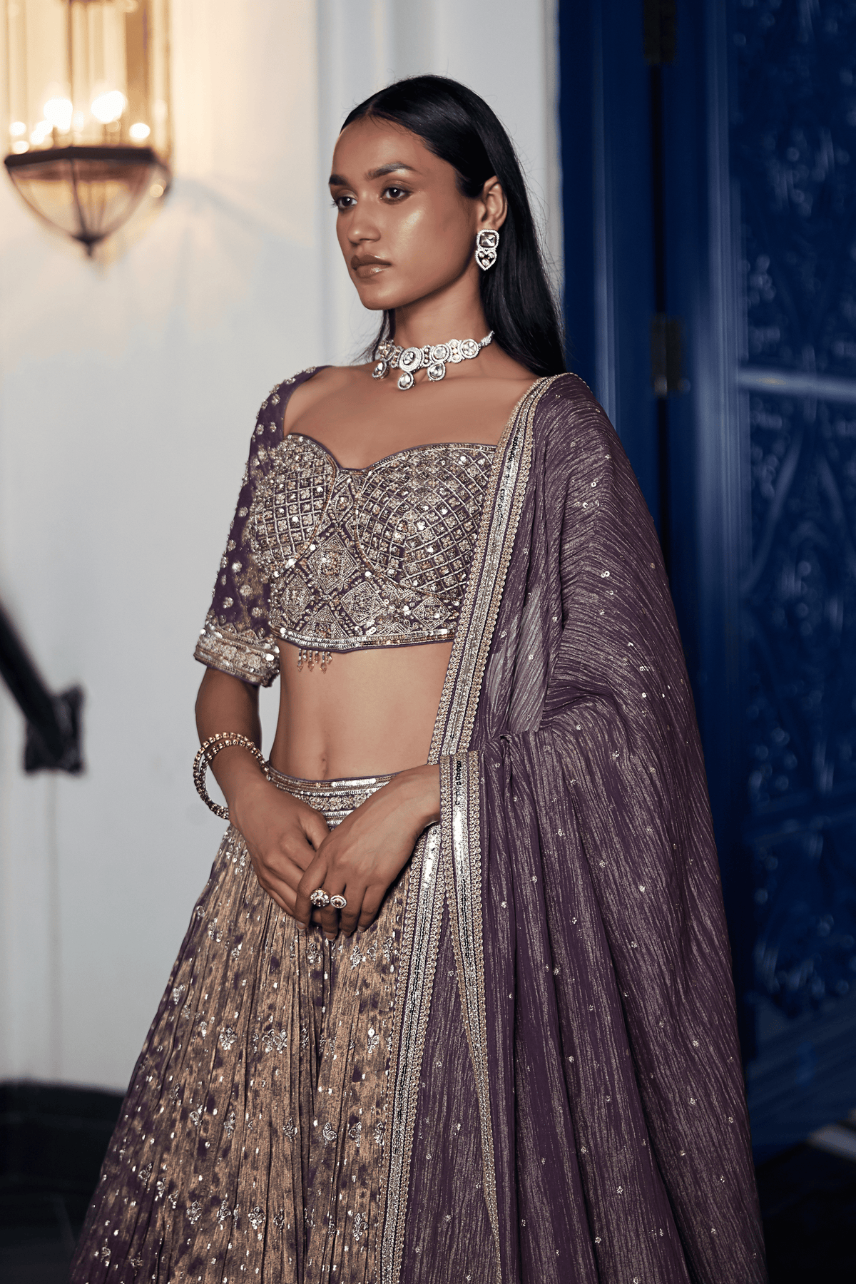 Purple Tissue Embroidered Lehenga Set