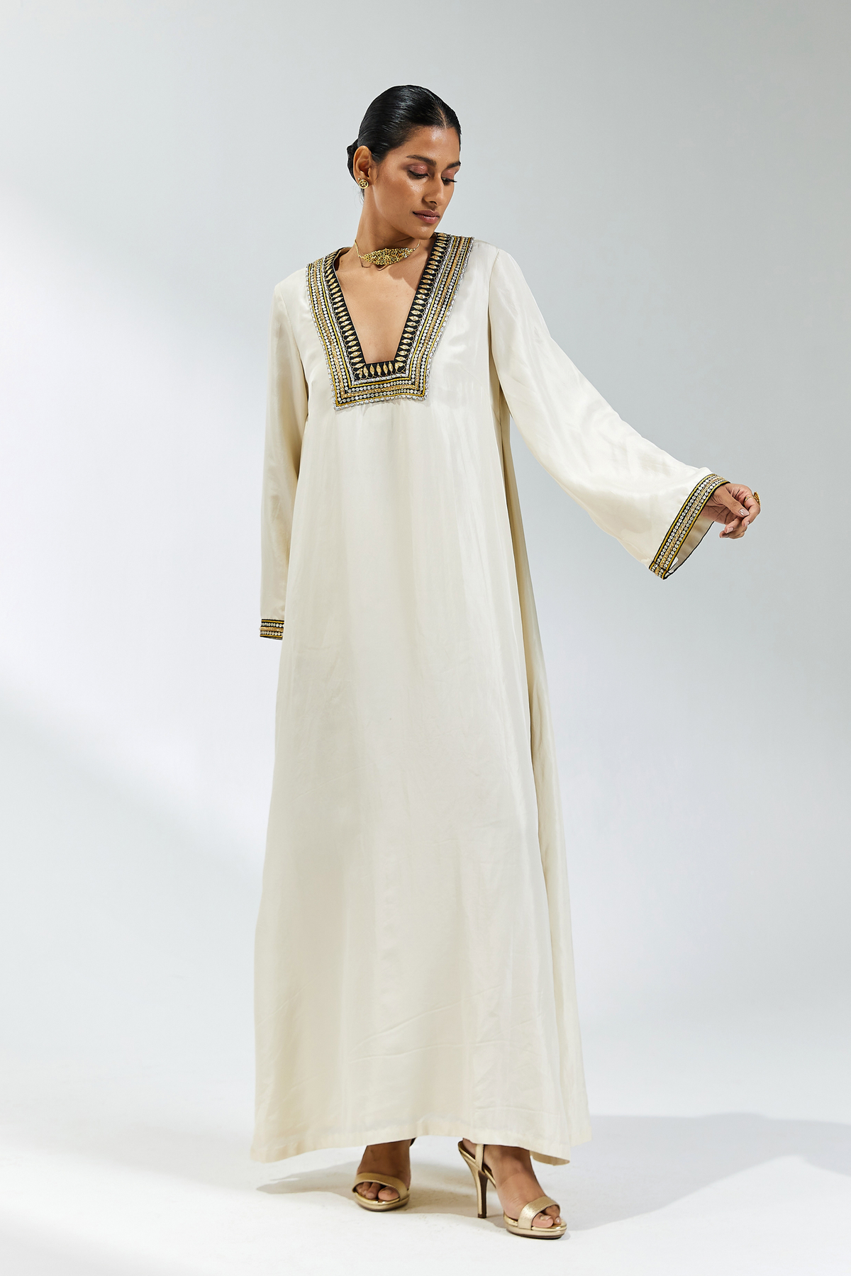 Ivory And Black Silk Kaftan