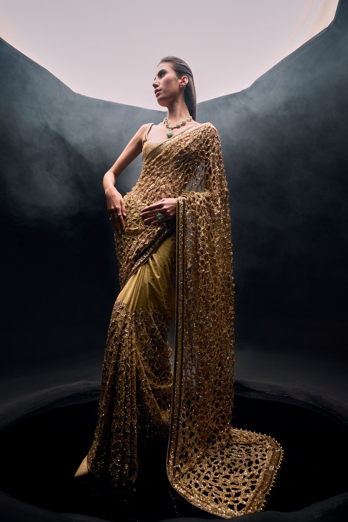 Golden Cut Work Saree