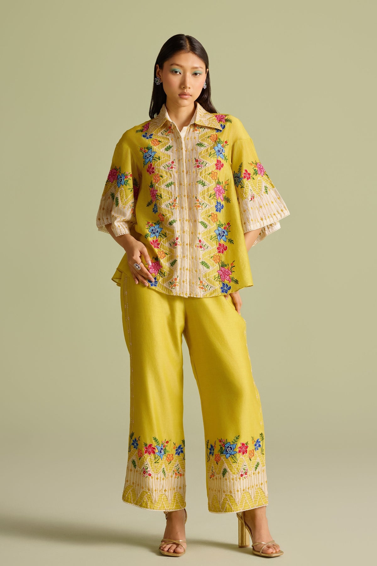 Yellow Floral Embroidered Color Block Shirt