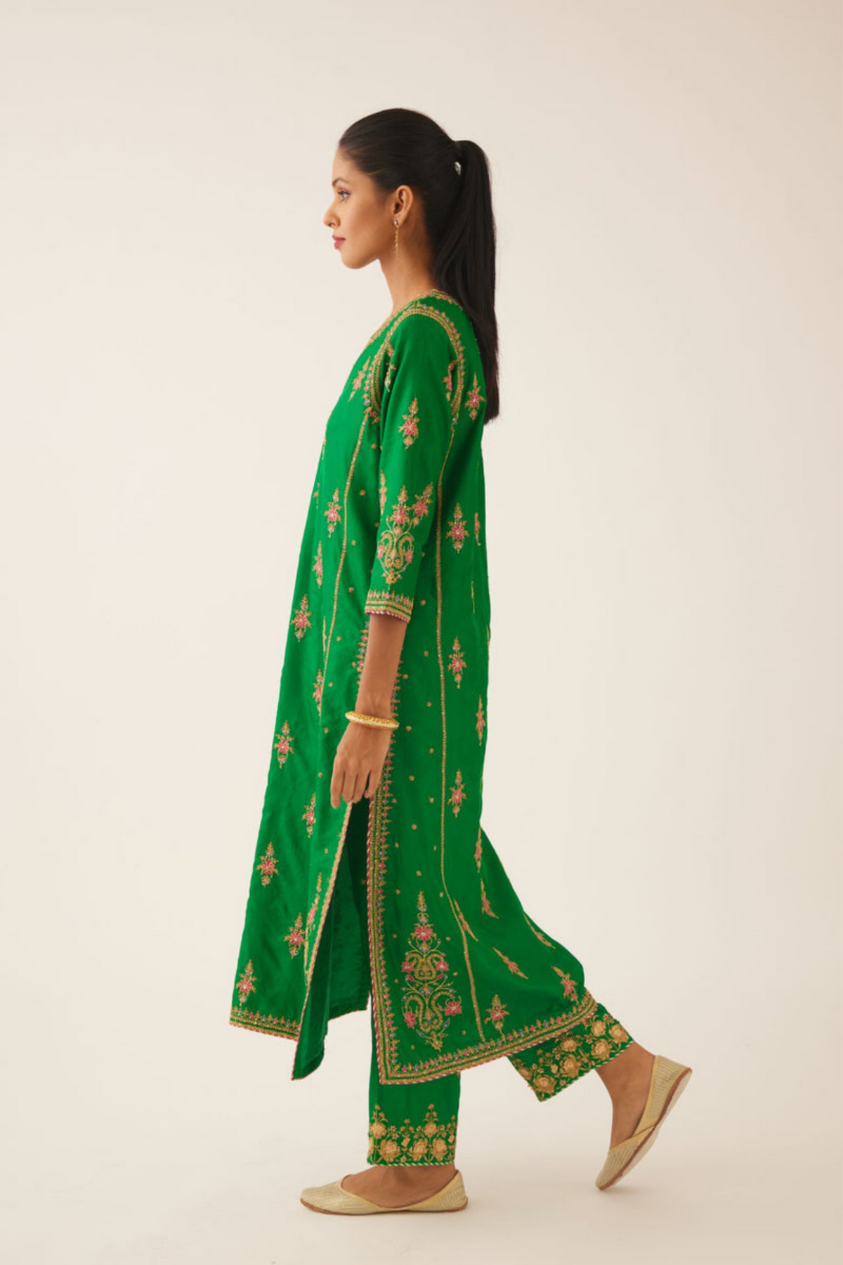 Green Silk Kalidar Straight Kurta Set