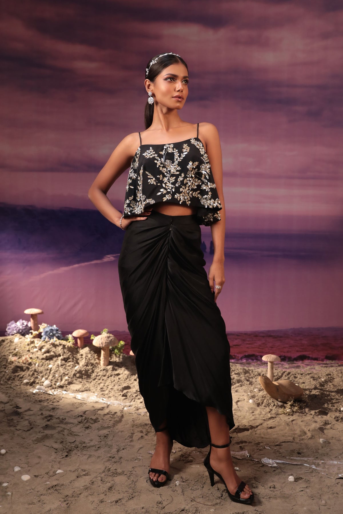 Black Floral Embroidered Skirt Set