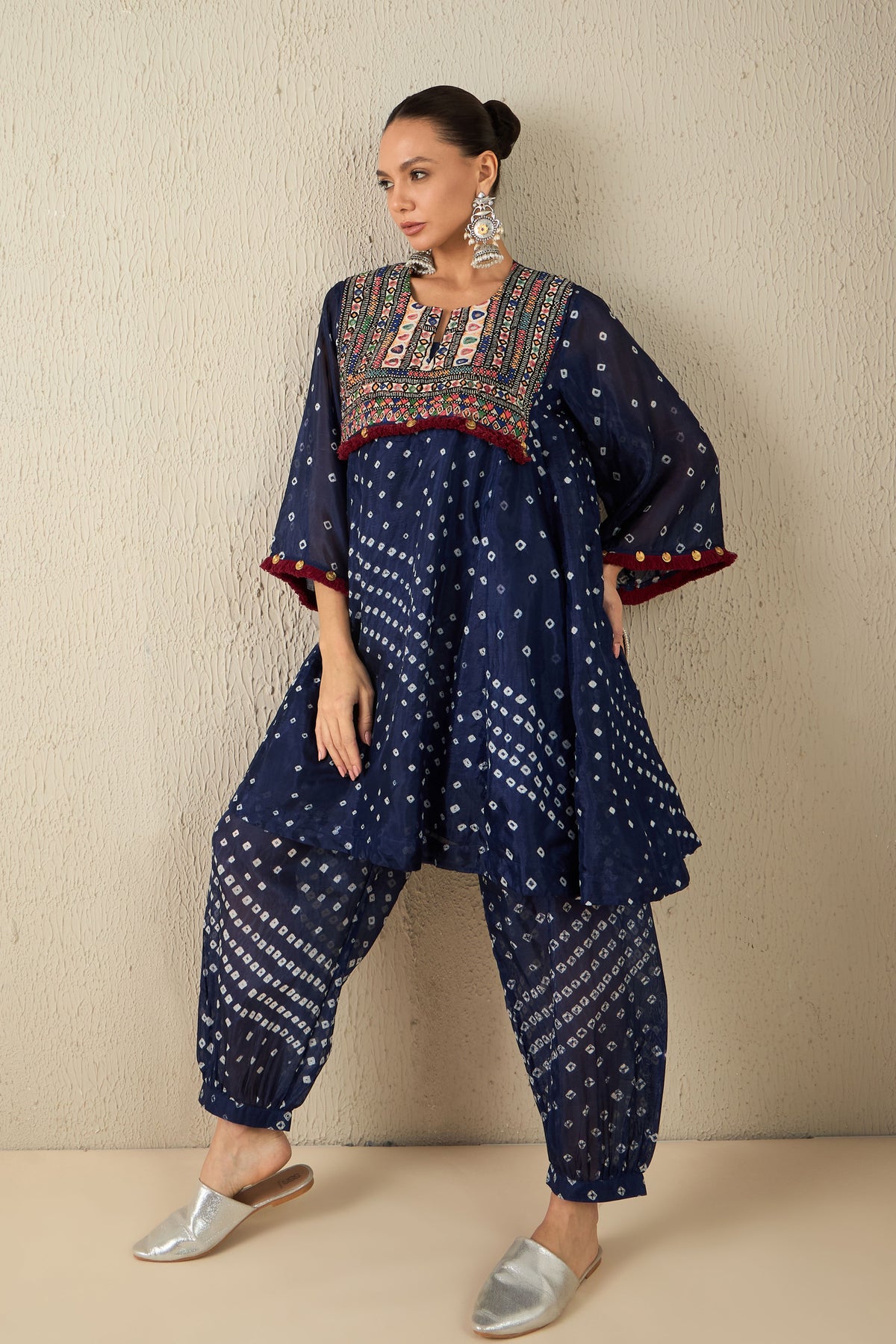 Navy Blue Bandhani Tunic Set