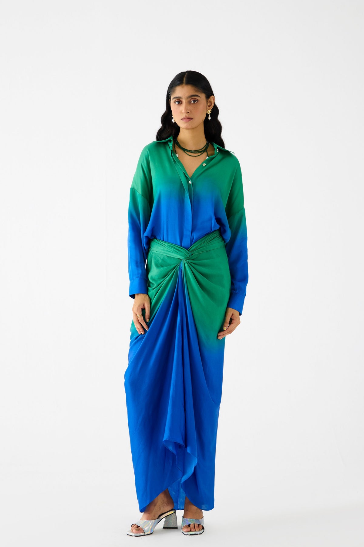 Emerald Draped Shirt Dress