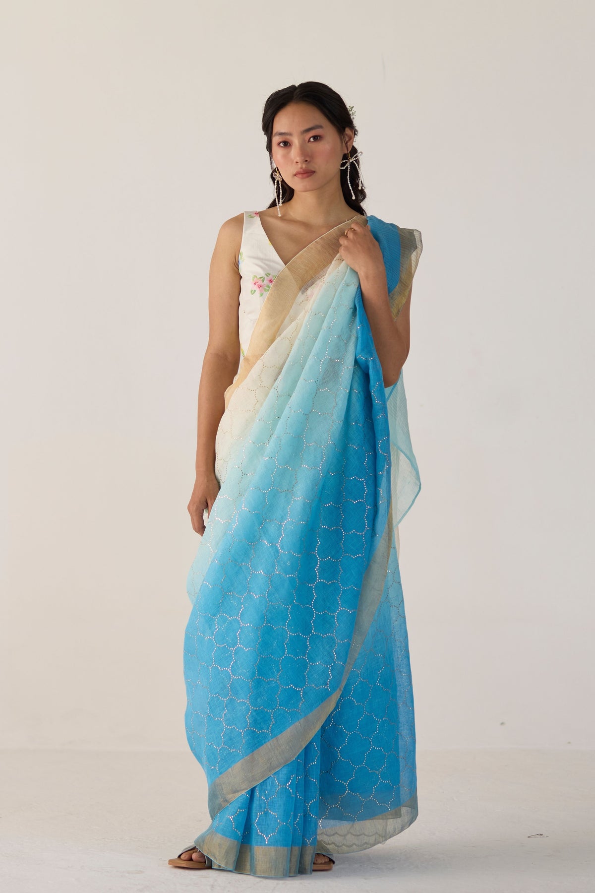 Blue Ombre Sari With Gold Dot Print