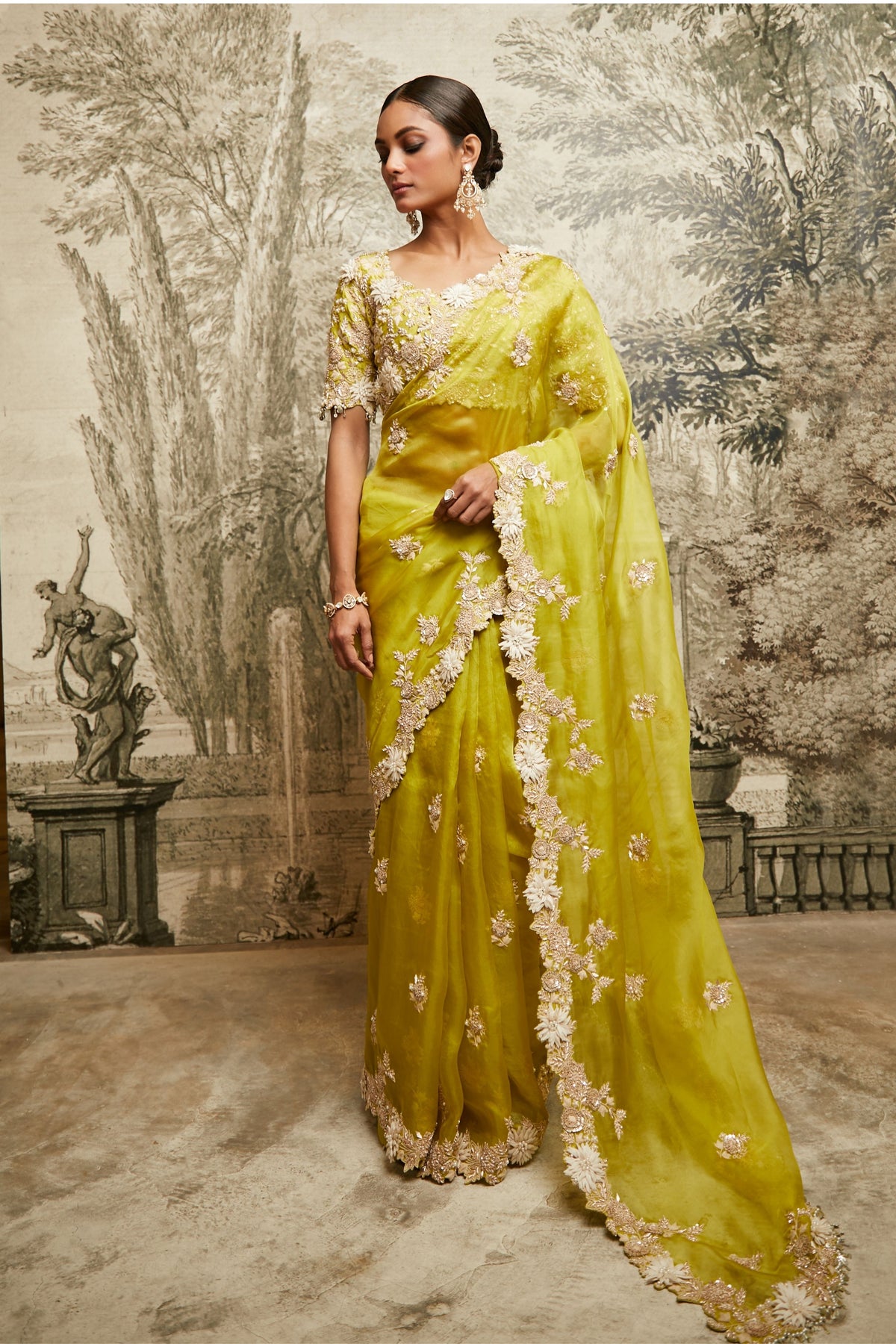 Lime Green Organza Saree Set