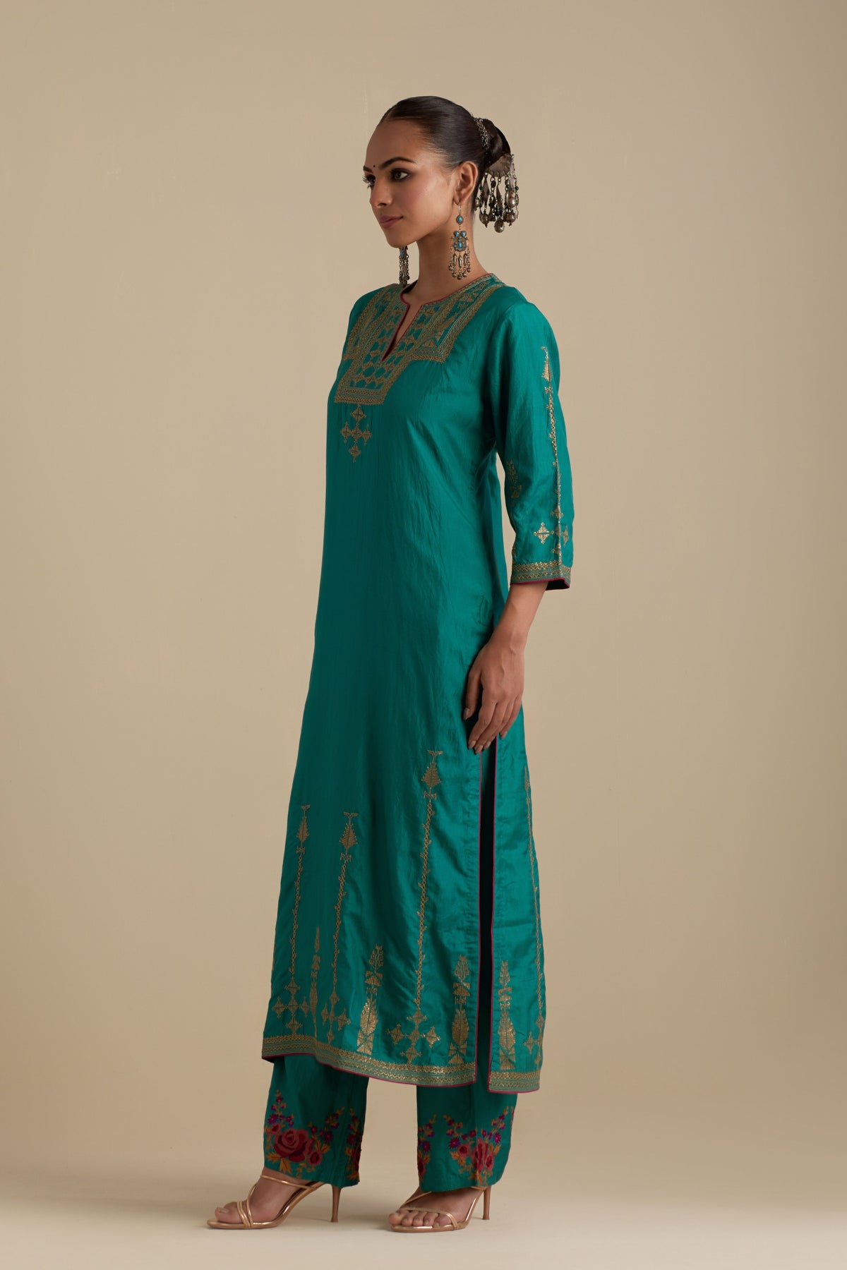 Persian Green Silk Straight Kurta Set