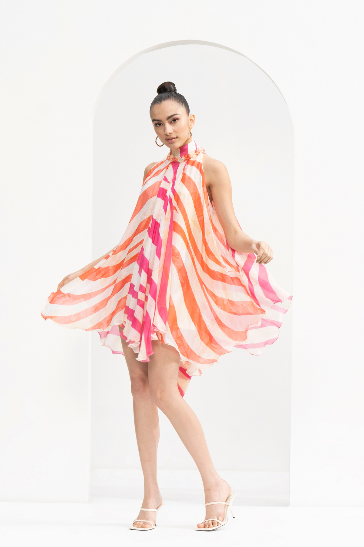 Waves Print Blocked Chiffon Short Dress