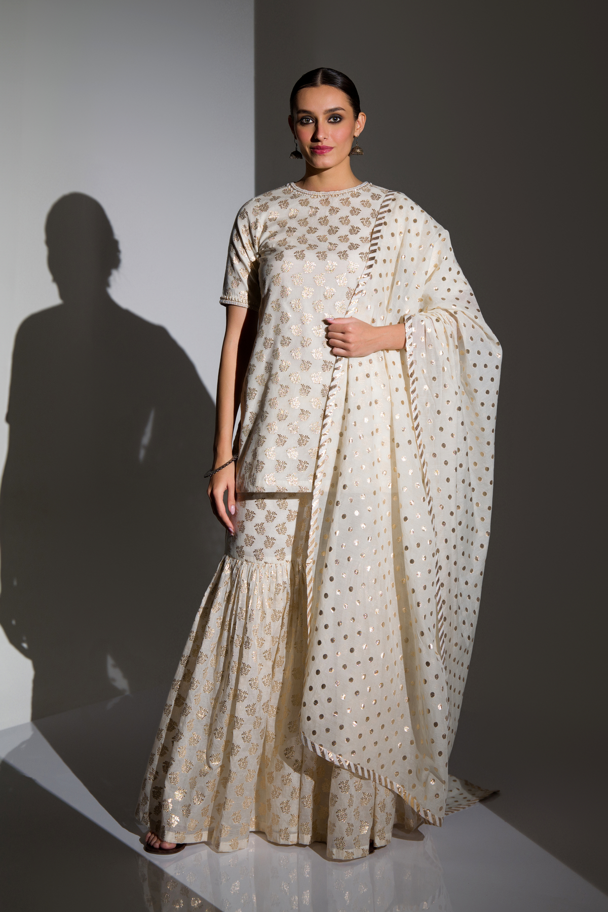 Ivory And Gold Embellished Kurta Sharara Set