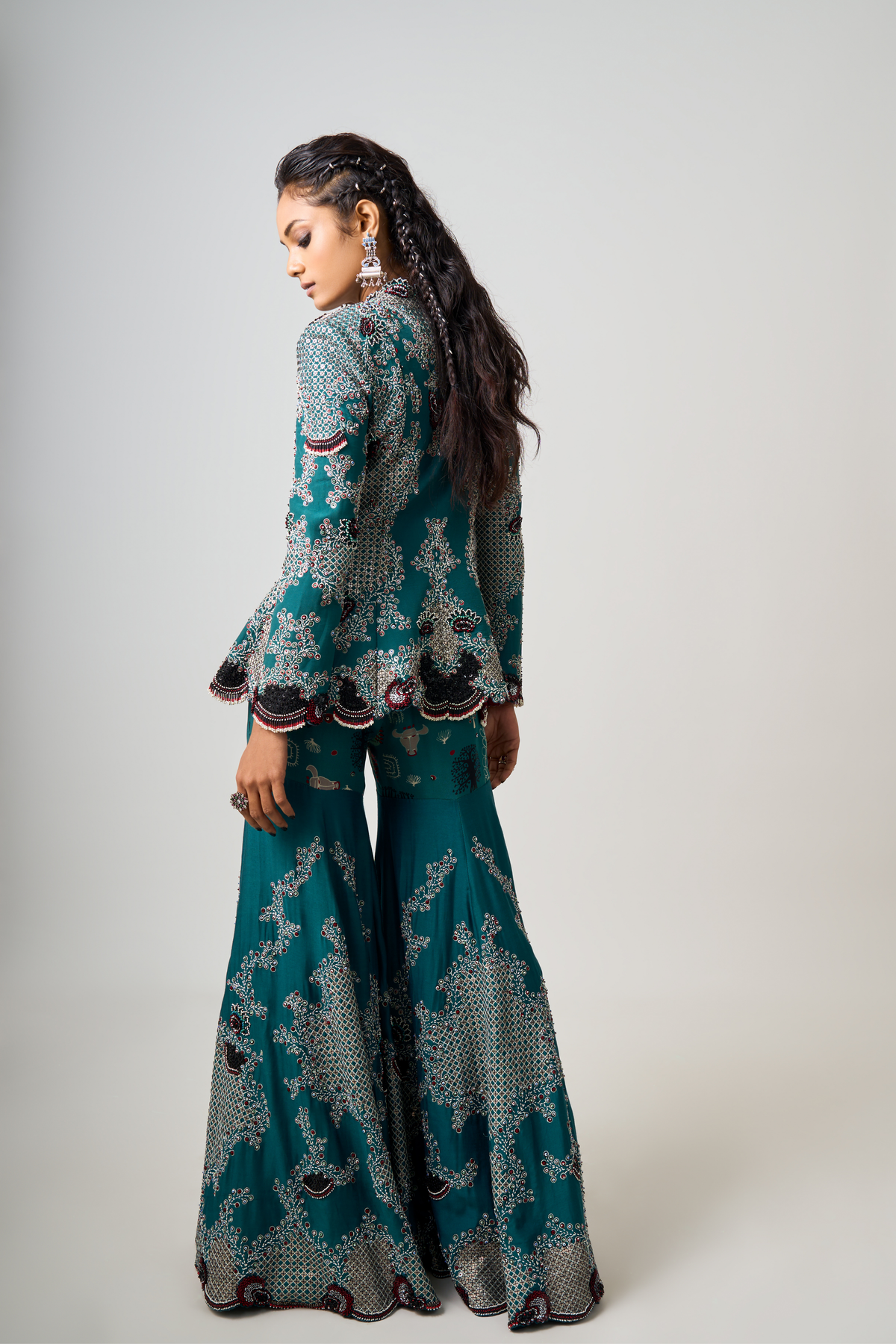 Teal Embroidered Jacket With Sharara