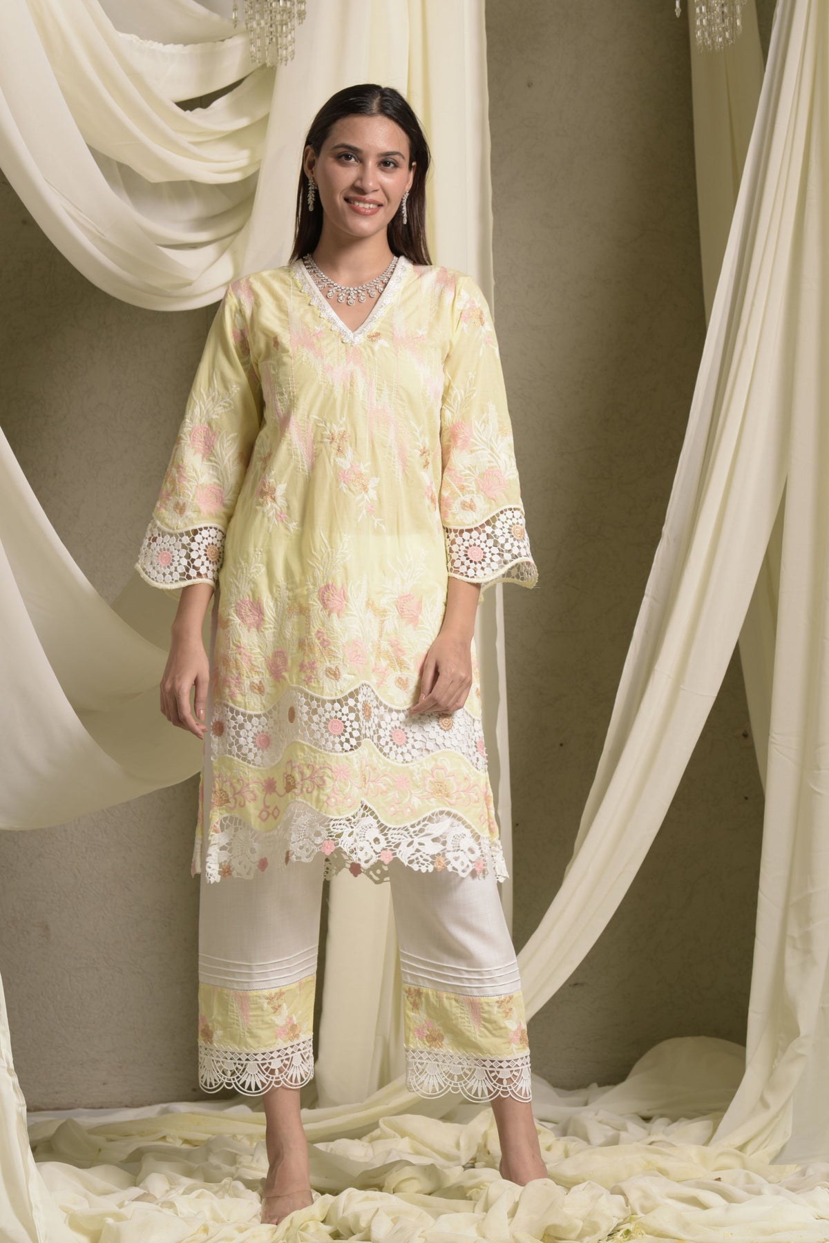 Myra Mesh Floral Yellow Daffodil Lace Kurta Set