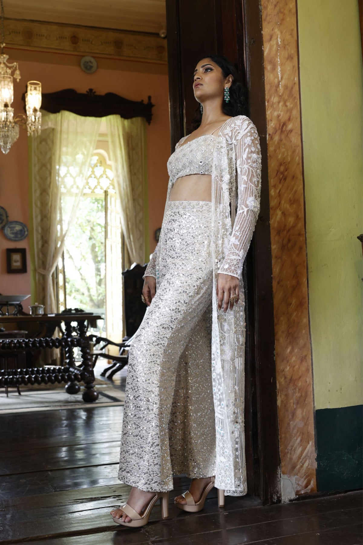 Ivory Embroidered Cape with Bustier and Bell Bottom Pants