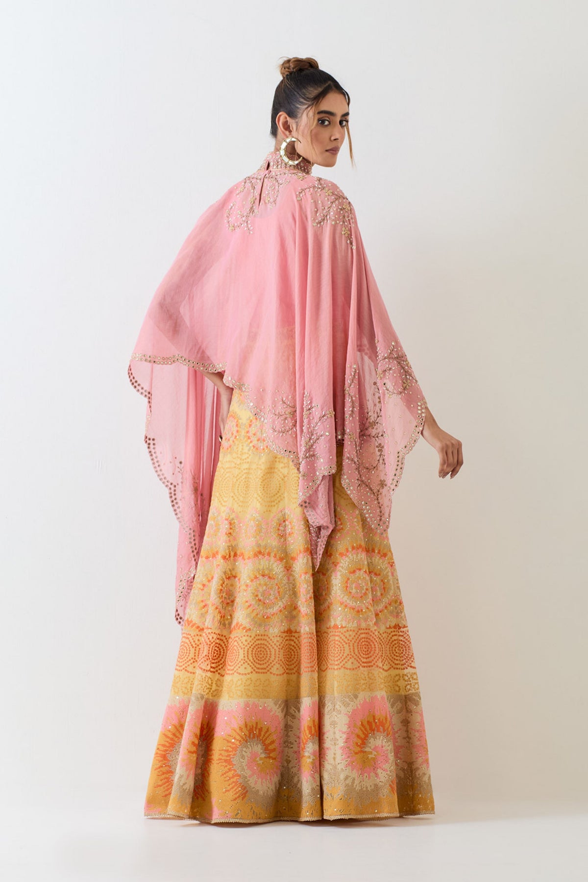 Chanderi Pink Yellow Cape Set