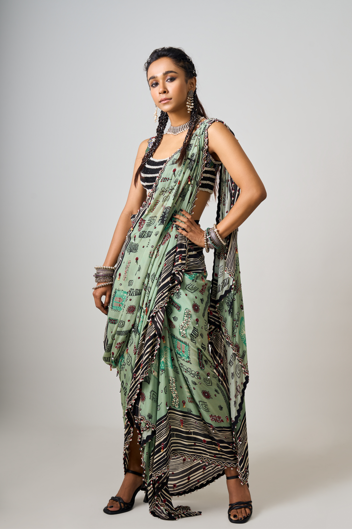 Mint Embroidered Drape Saree Set