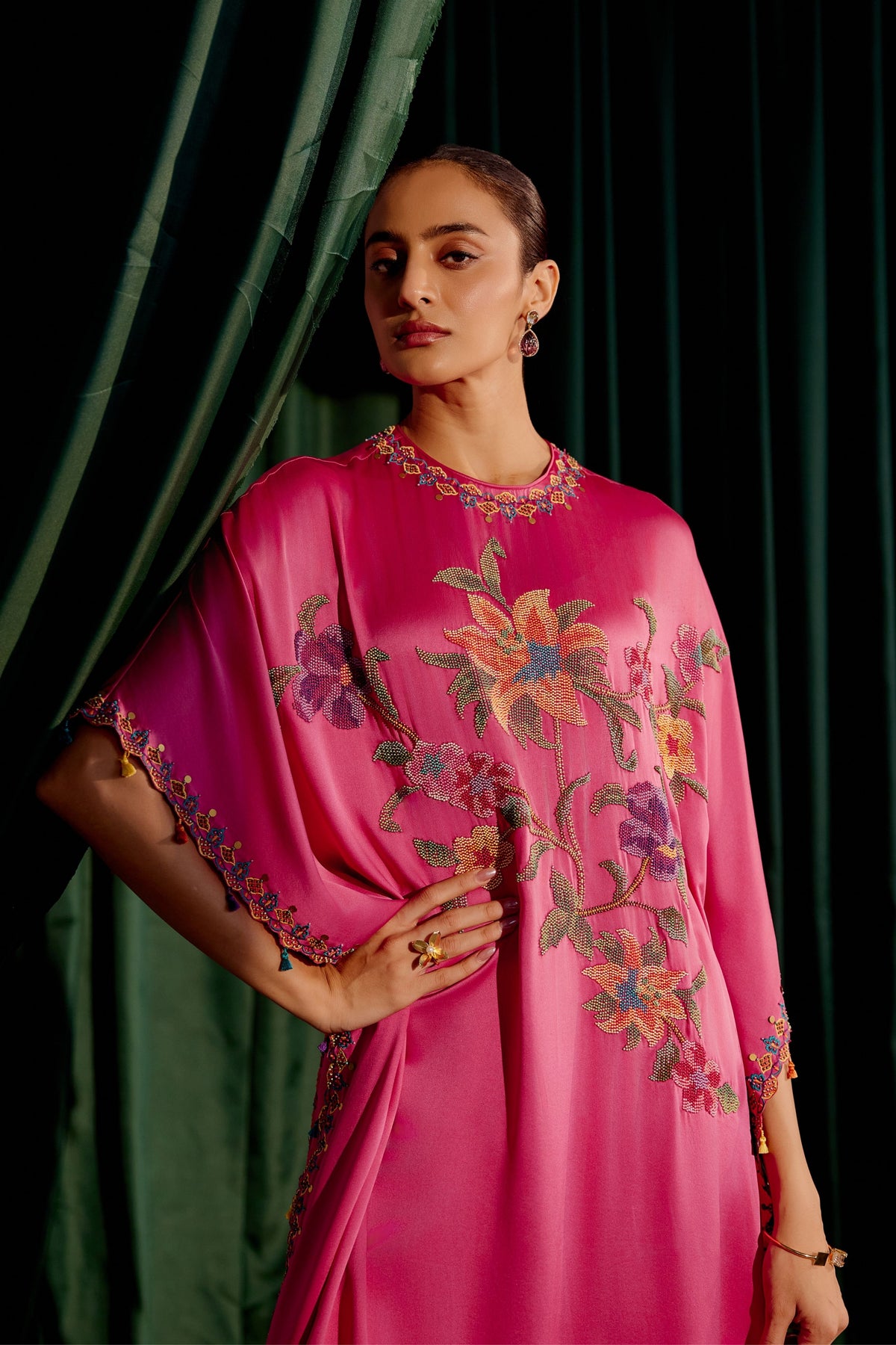 Fuchsia Floral Beadwork Kaftan Set