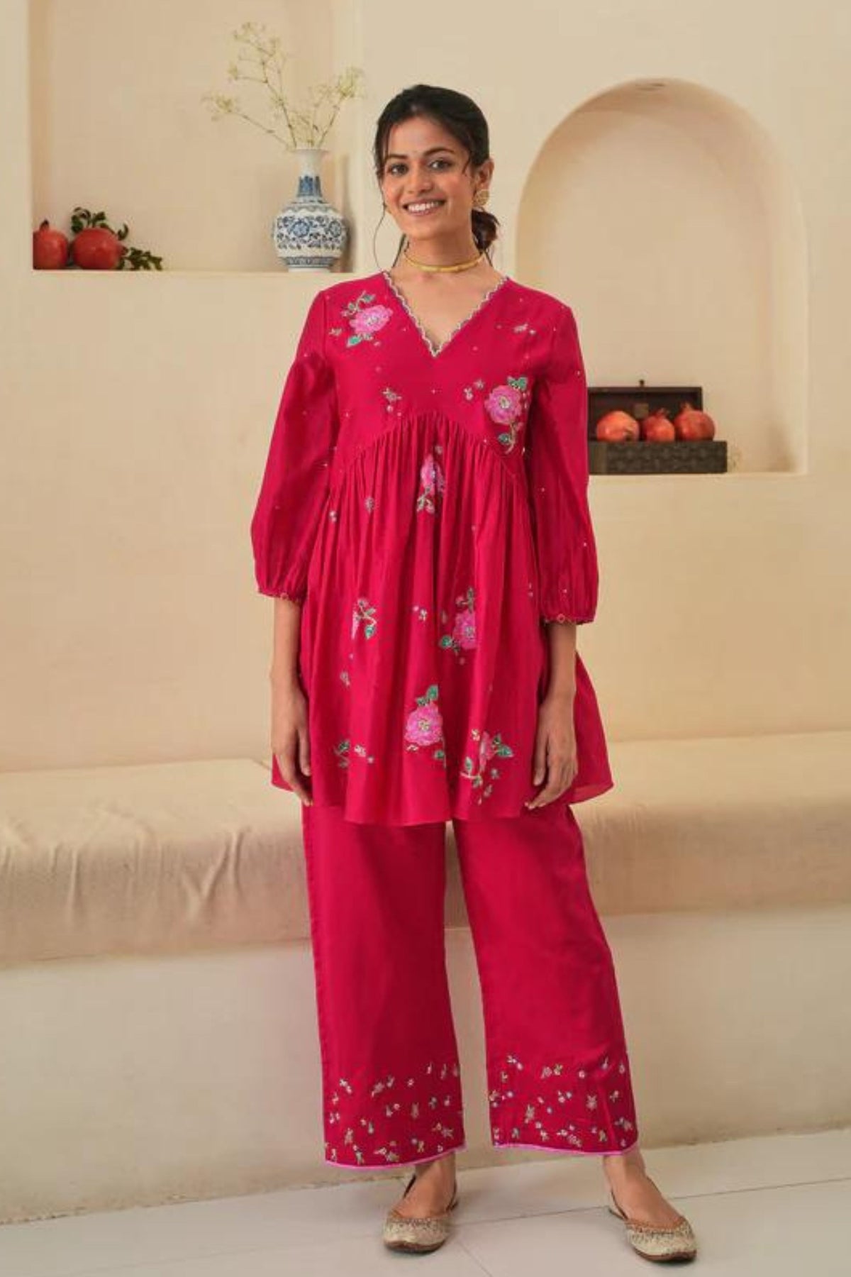 Zia Gathered Short Kurta Set in Red With Dupatta