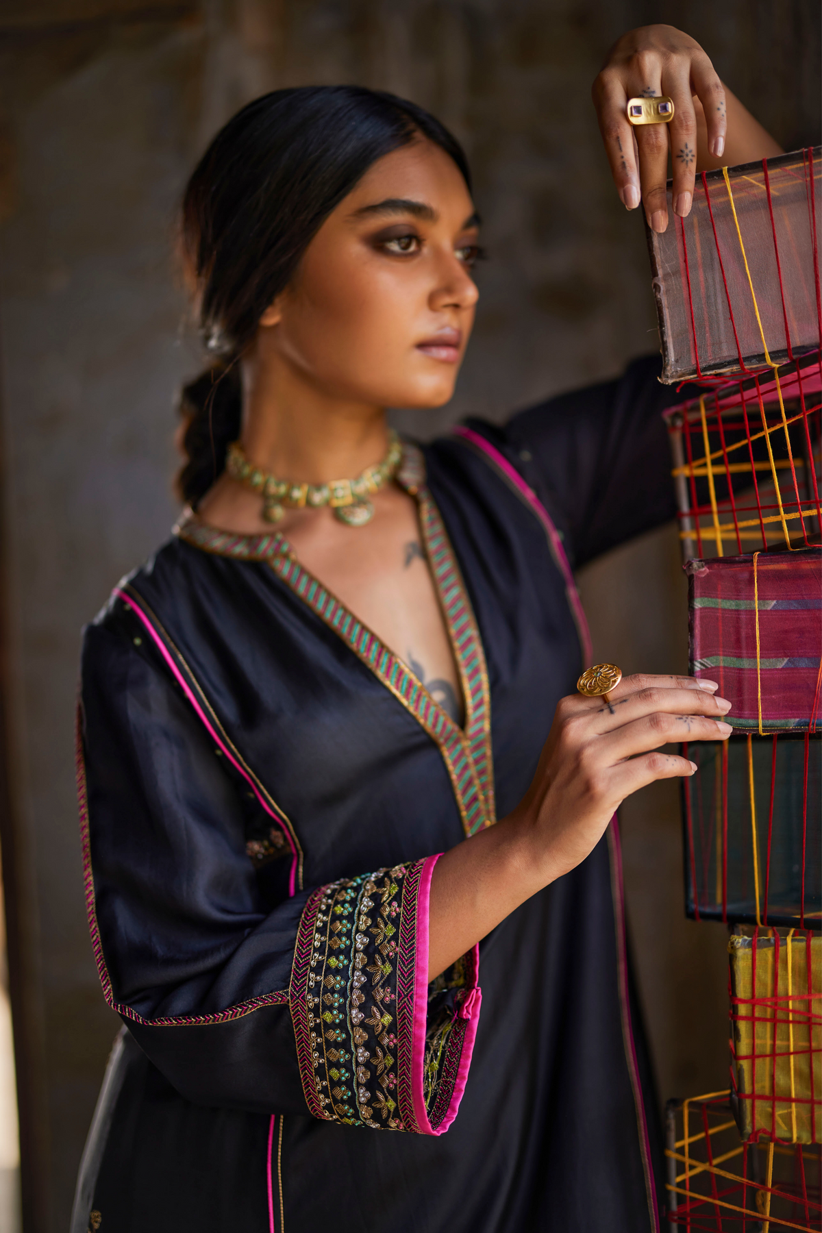 Nadira Black Silk Butti Kurta Set