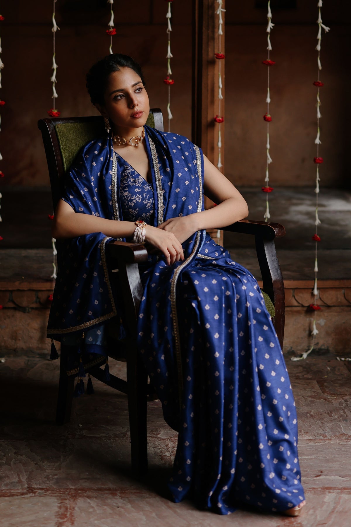 Blue Printed Pre-stitched Saree Set