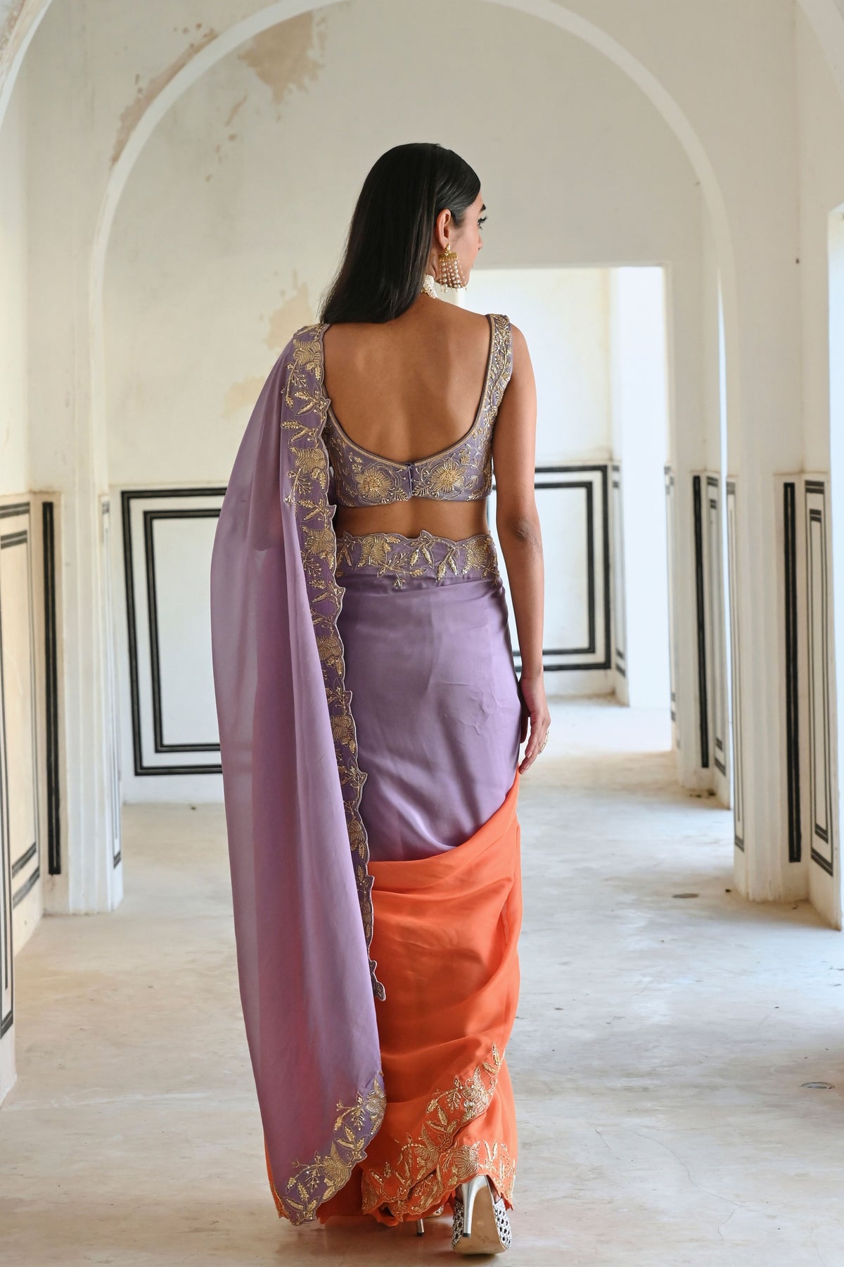 Lilac Orange Floral Saree Set