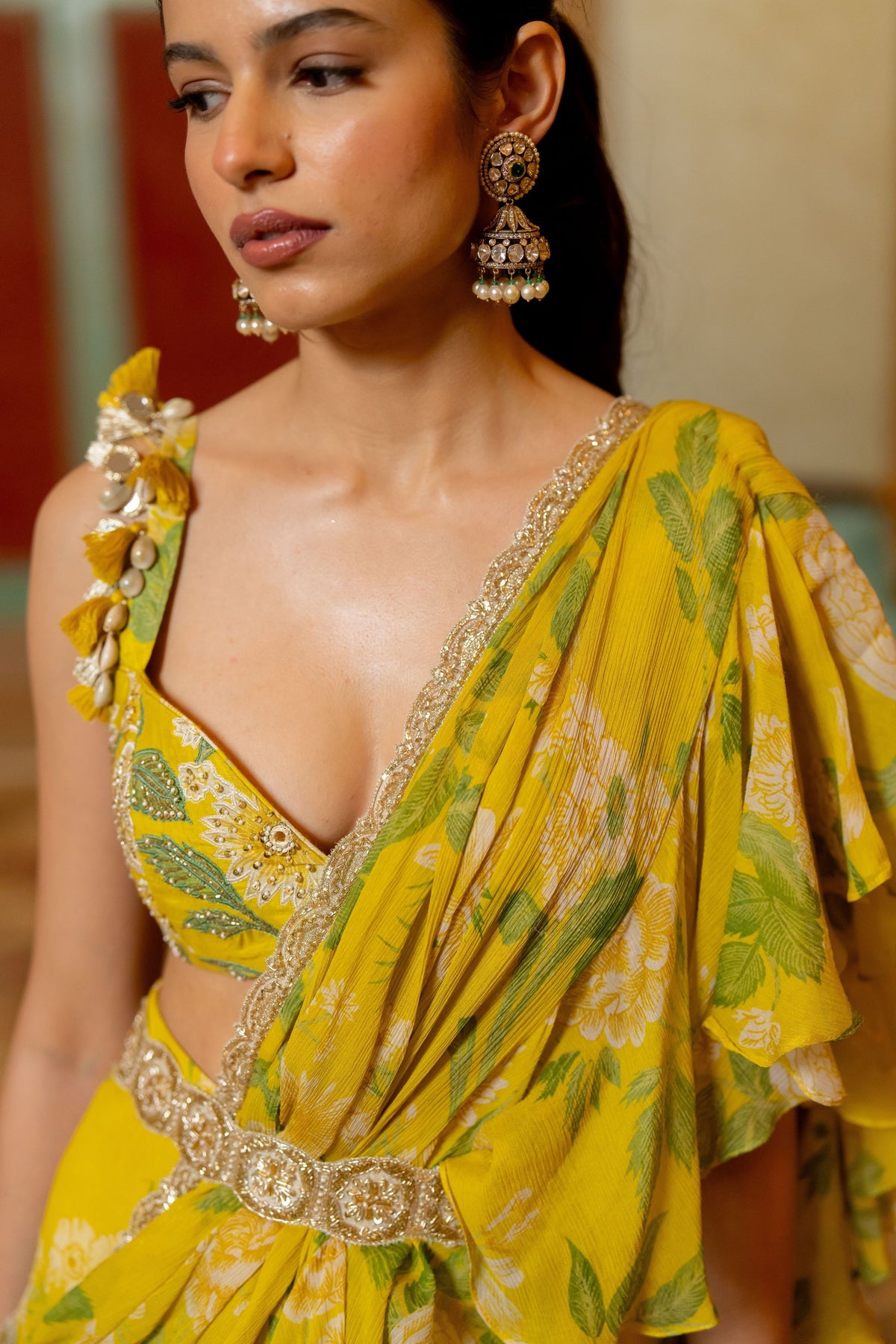 Lime Yellow Floral Printed Chiffon Saree Set