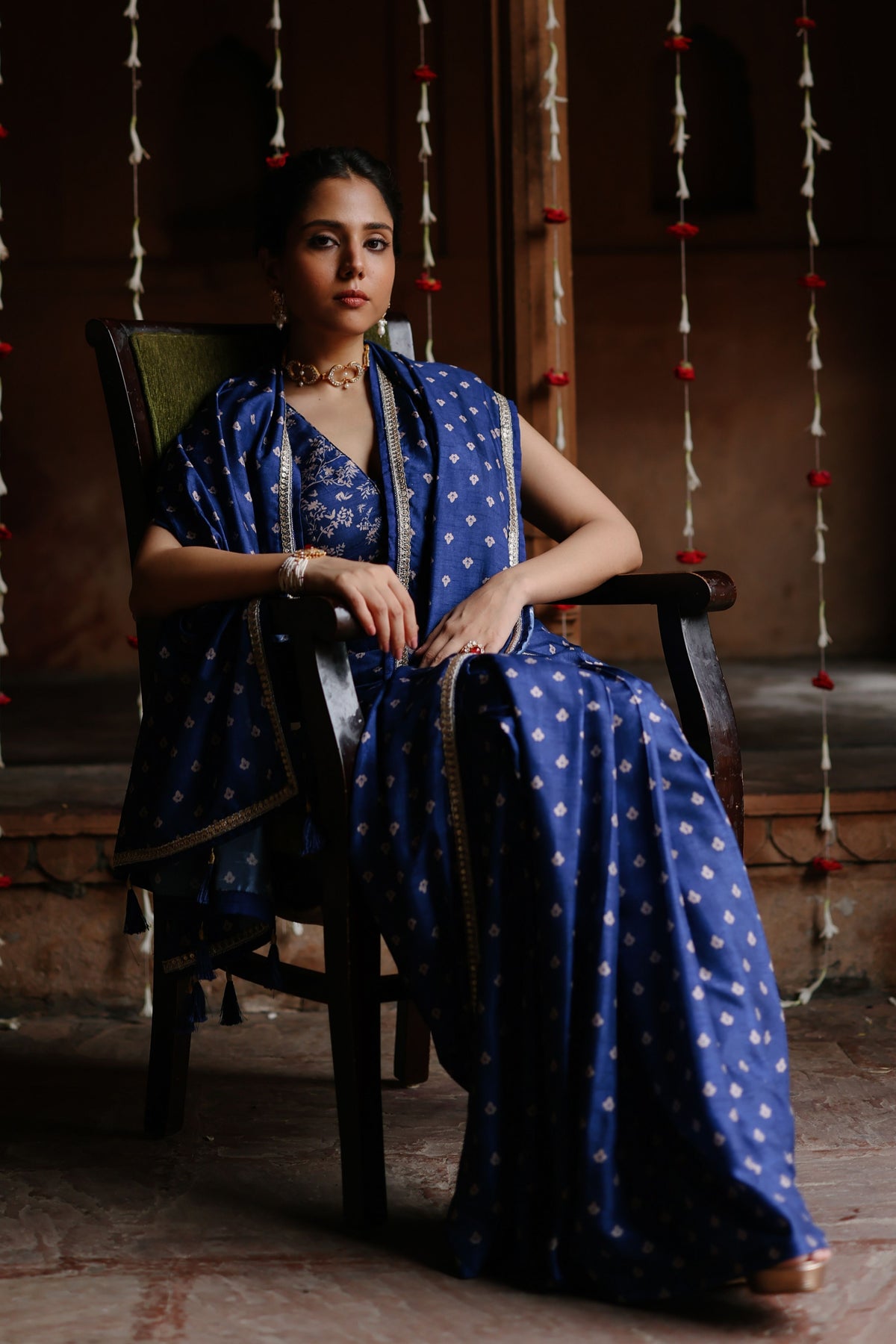 Blue Printed Pre-stitched Saree Set