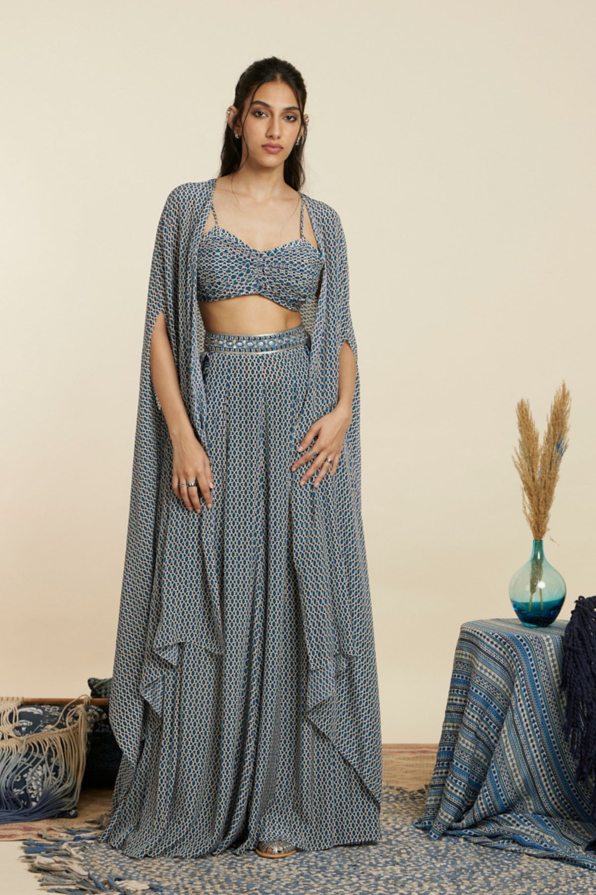 Blue Geometric Print Cape Set