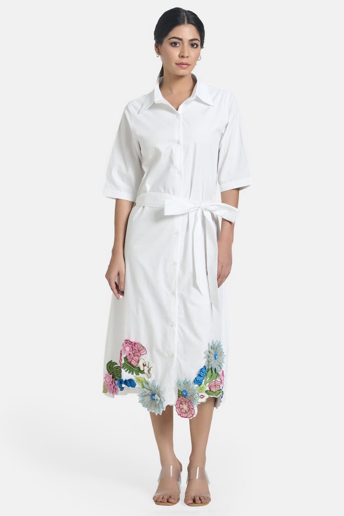 White 3d Flower Embroidered Shirt Dress