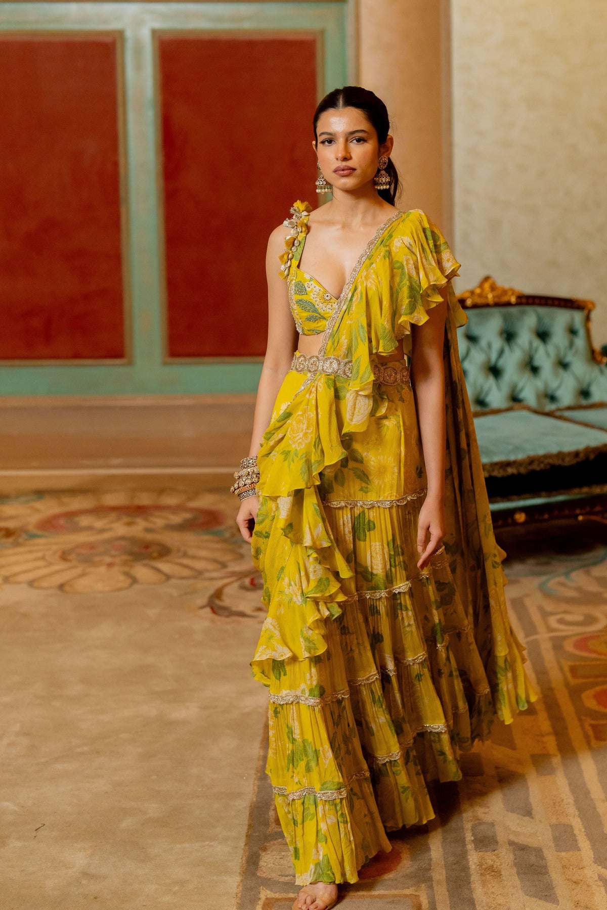 Lime Yellow Floral Printed Chiffon Saree Set