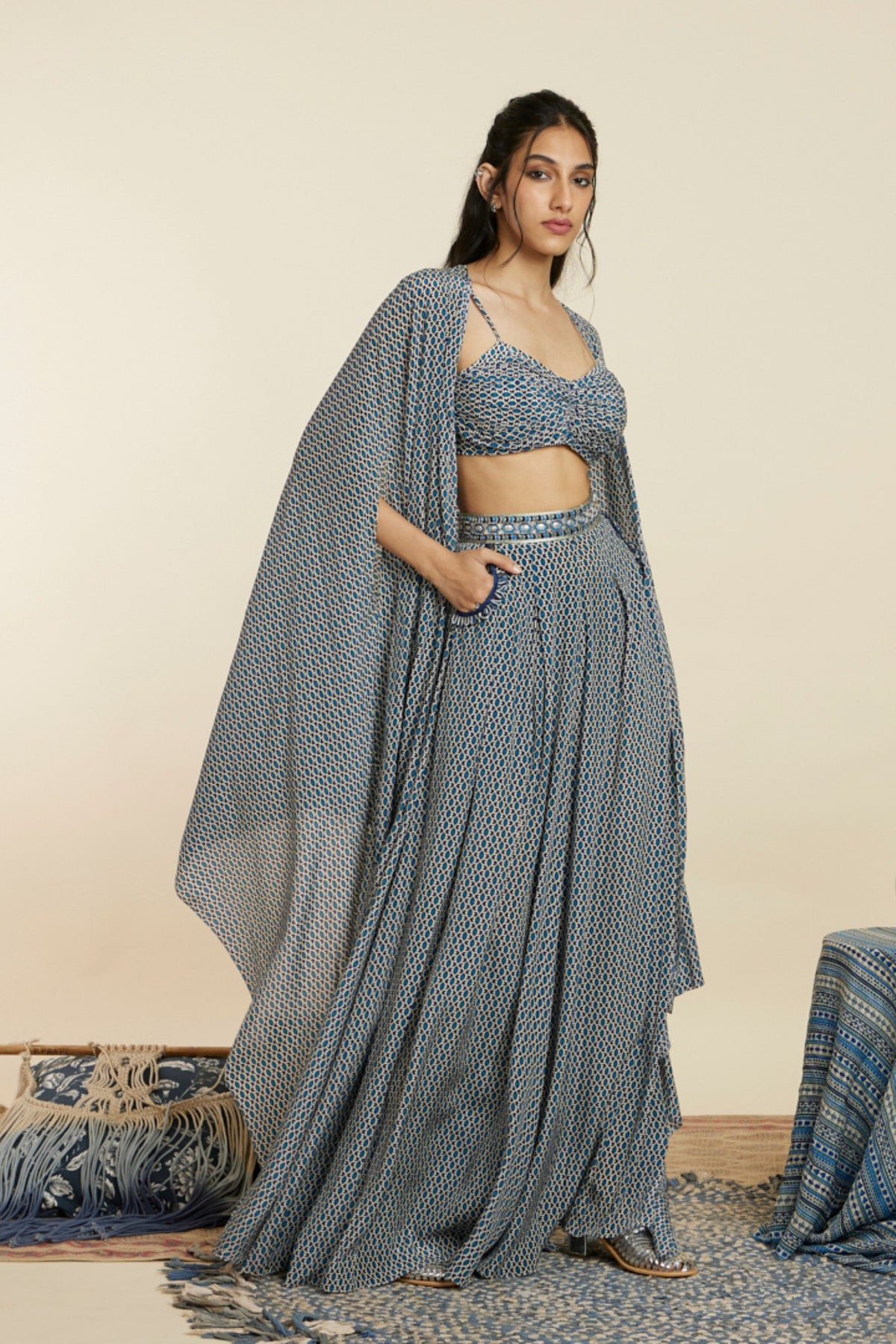 Blue Geometric Print Cape Set