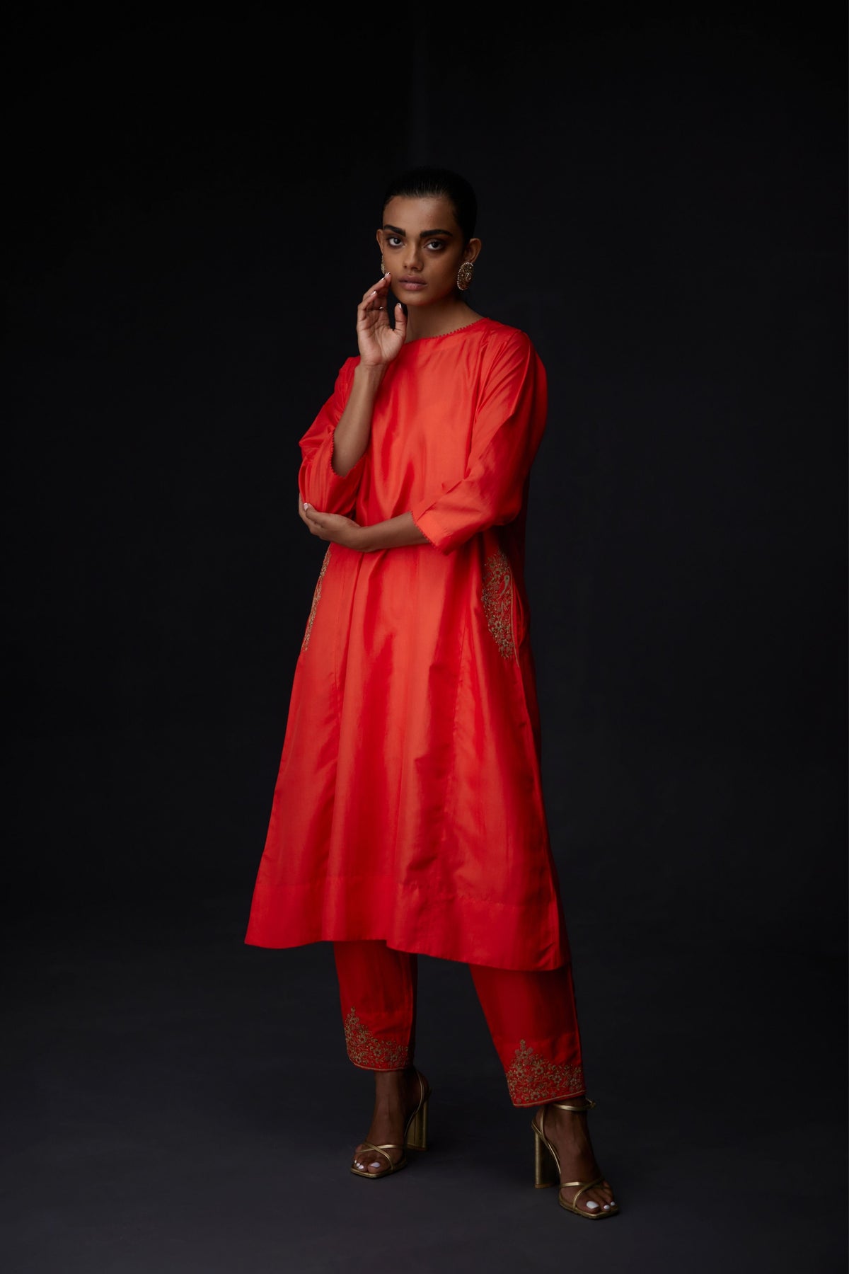 Embroidered Tunic With Trousers in Scarlet Red