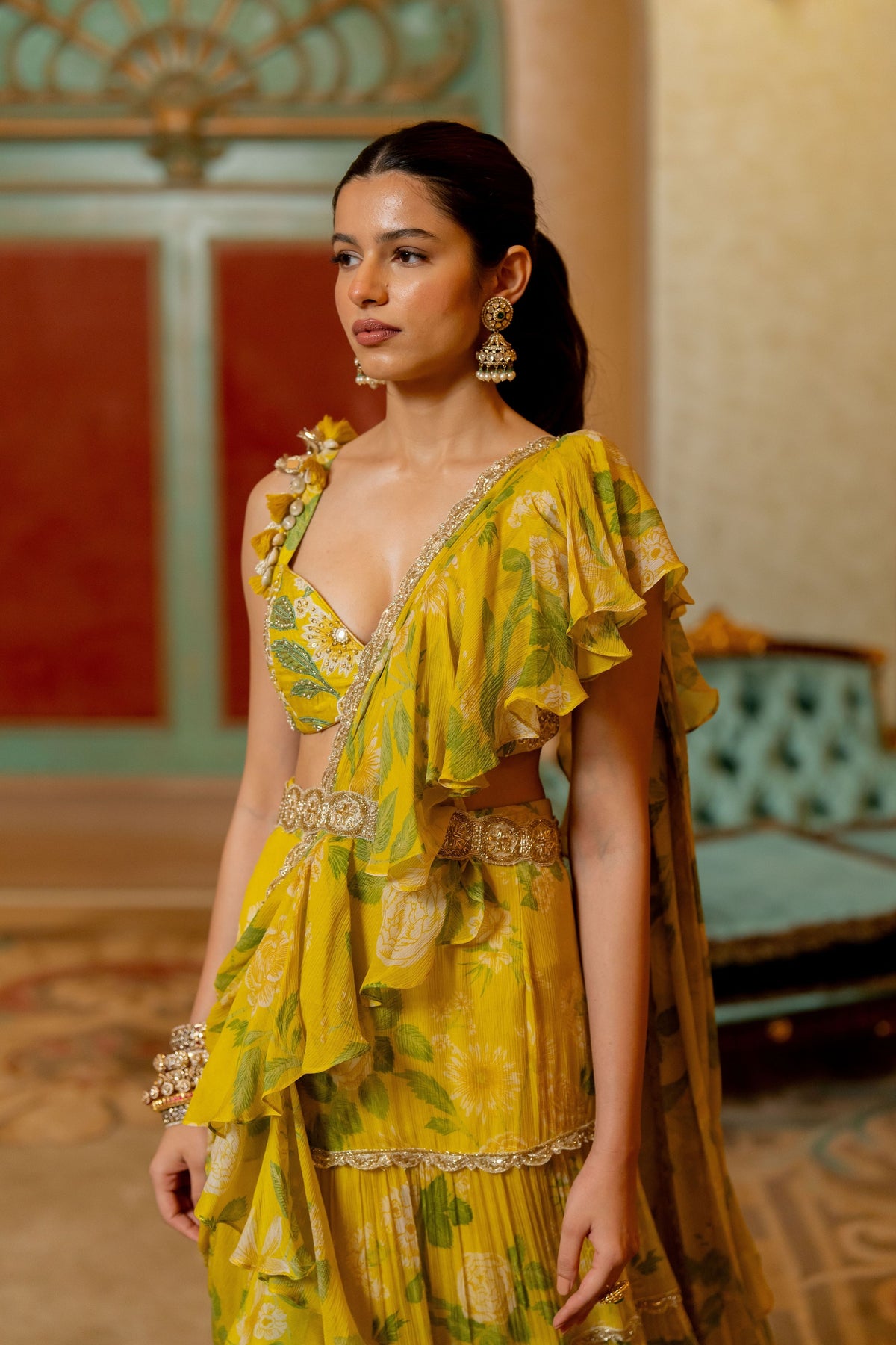 Lime Yellow Floral Printed Chiffon Saree Set