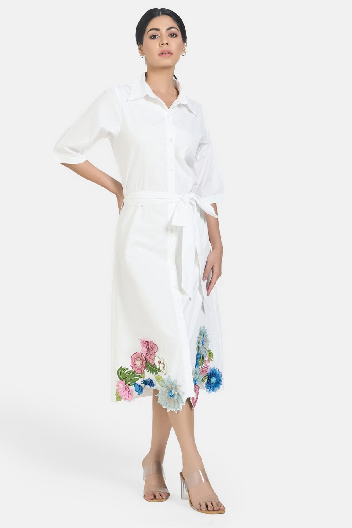 White 3d Flower Embroidered Shirt Dress