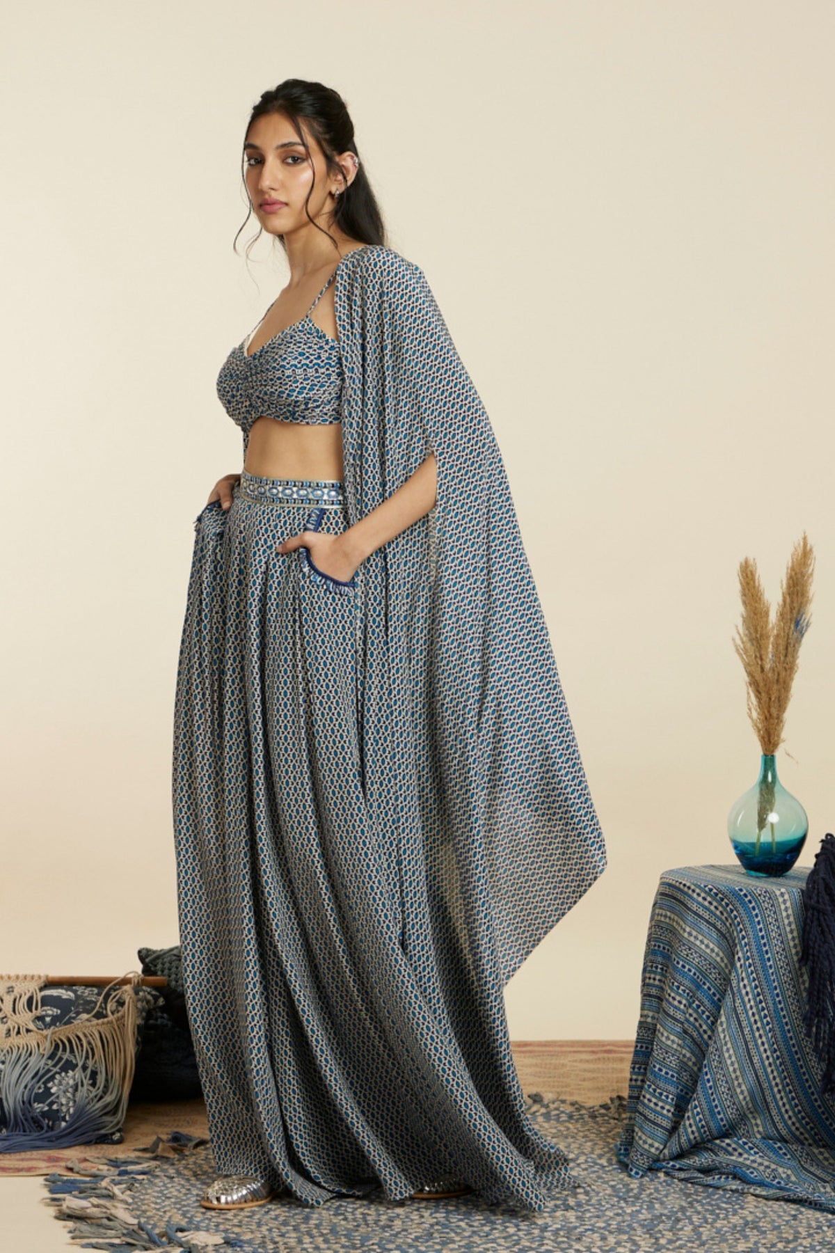 Blue Geometric Print Cape Set