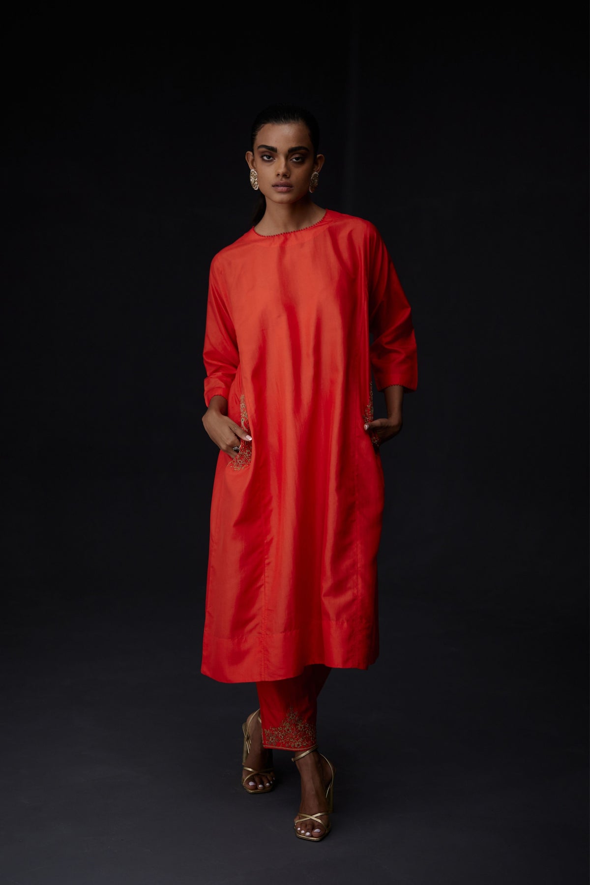 Embroidered Tunic With Trousers in Scarlet Red