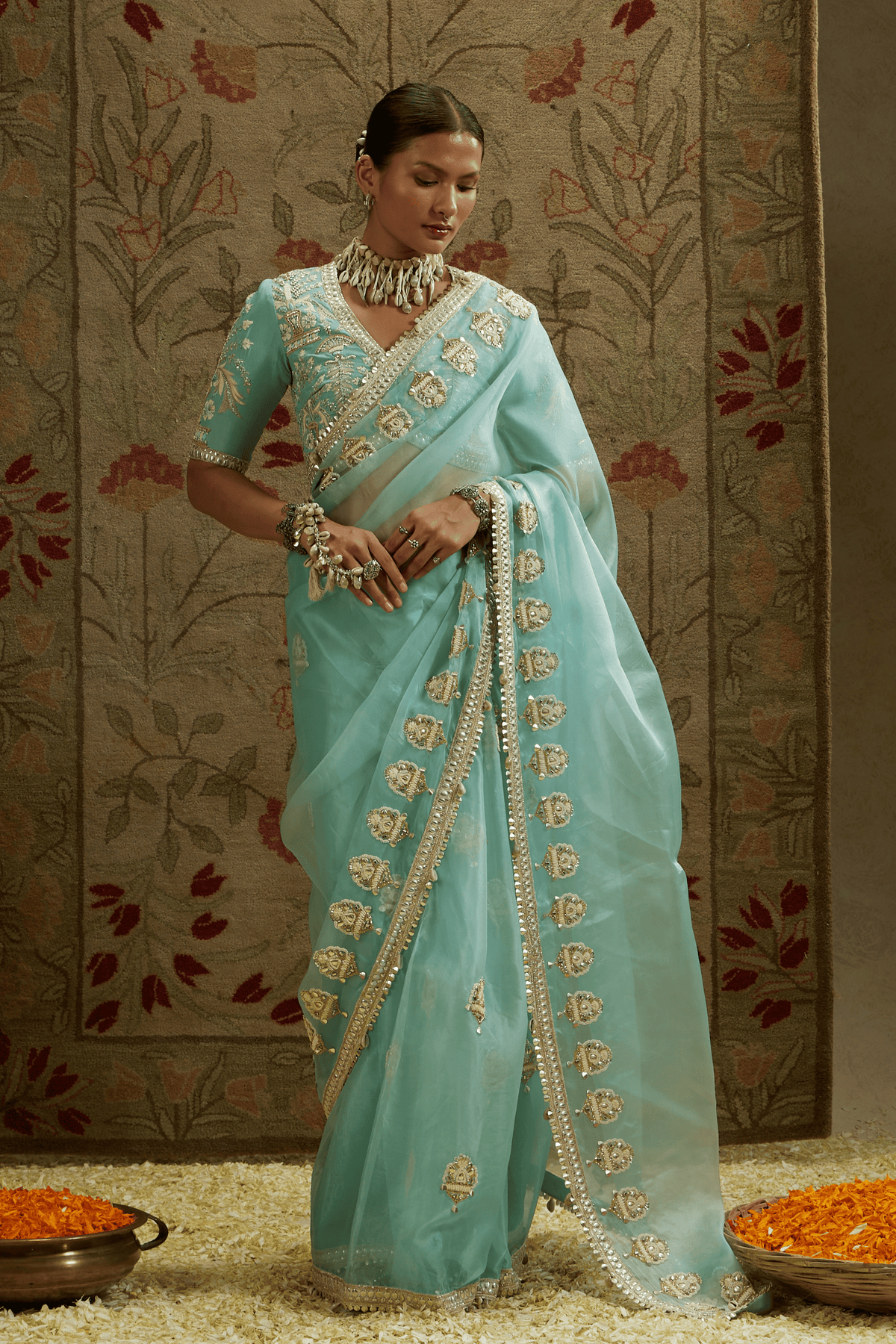 Teal Blue Saree With Blouse