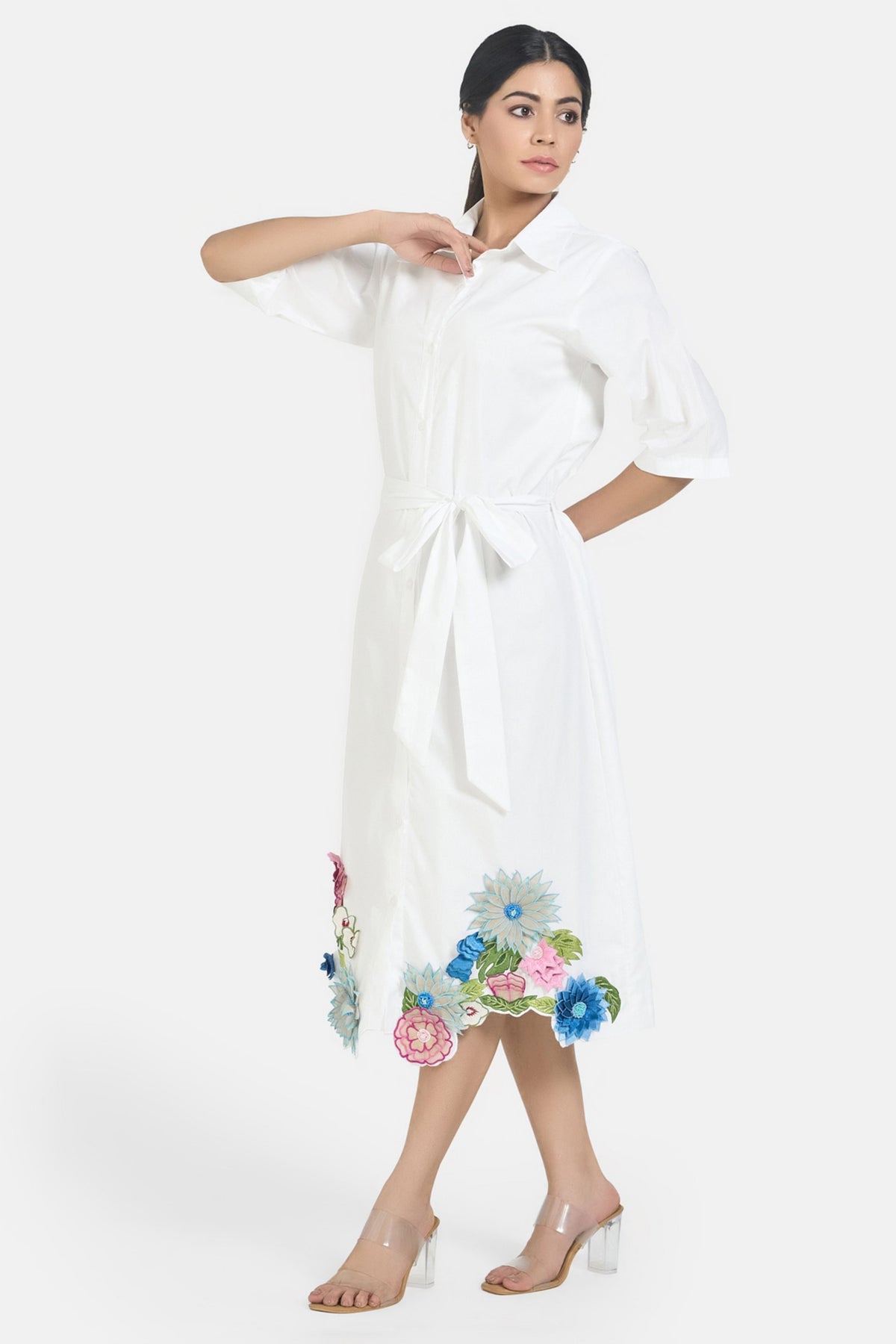 White 3d Flower Embroidered Shirt Dress