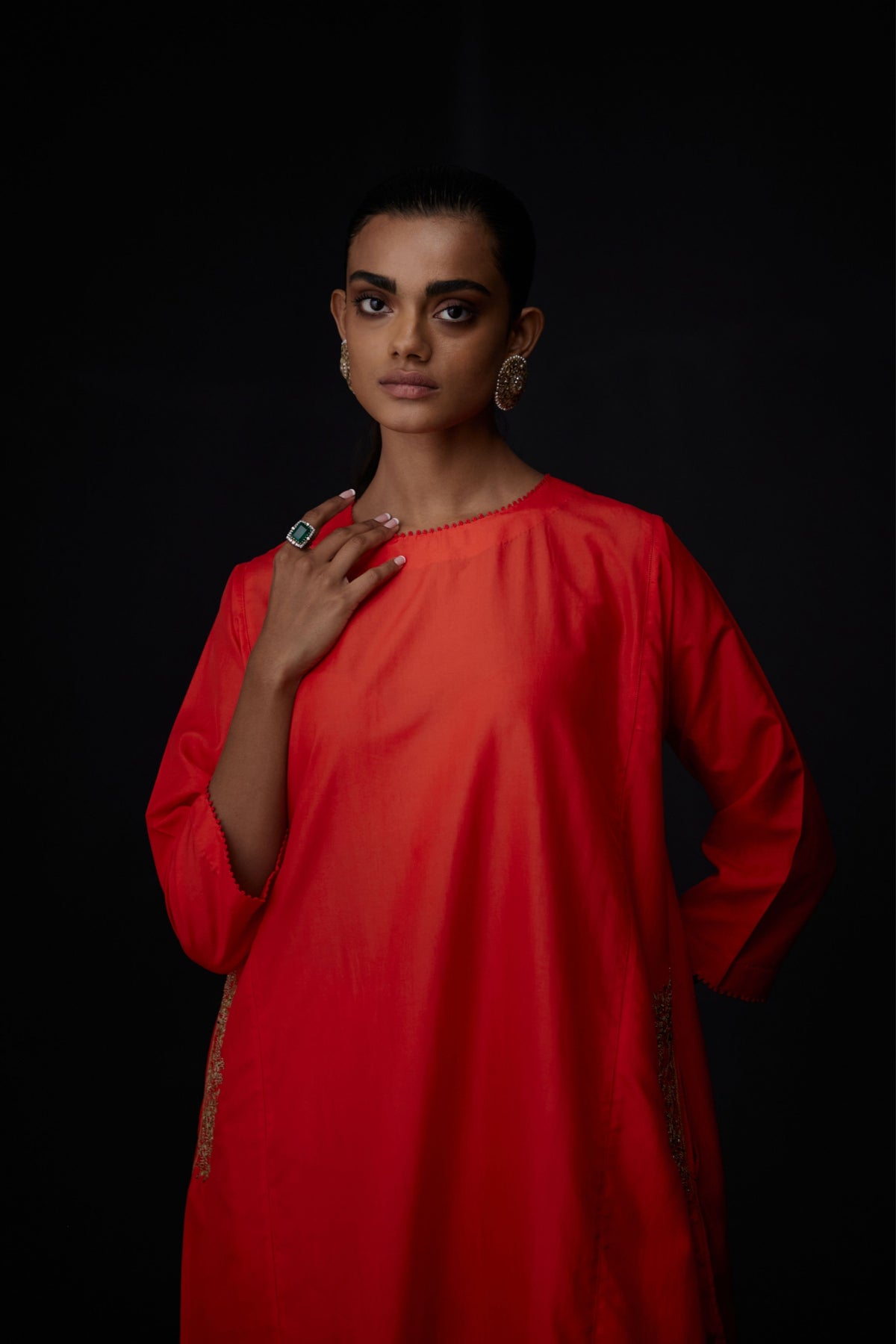 Embroidered Tunic With Trousers in Scarlet Red