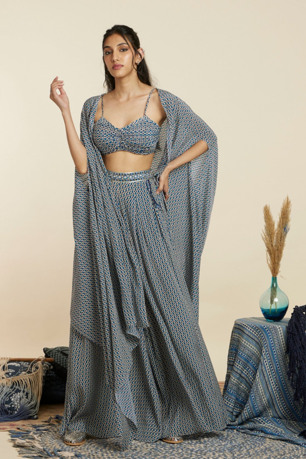 Blue Geometric Print Cape Set