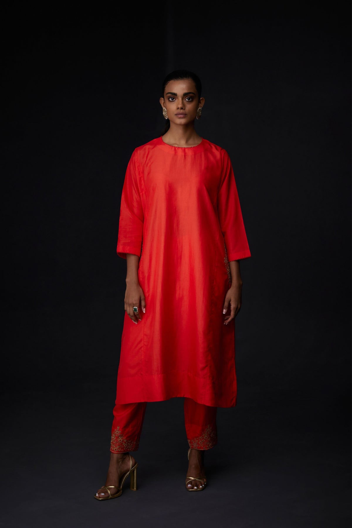 Embroidered Tunic With Trousers in Scarlet Red