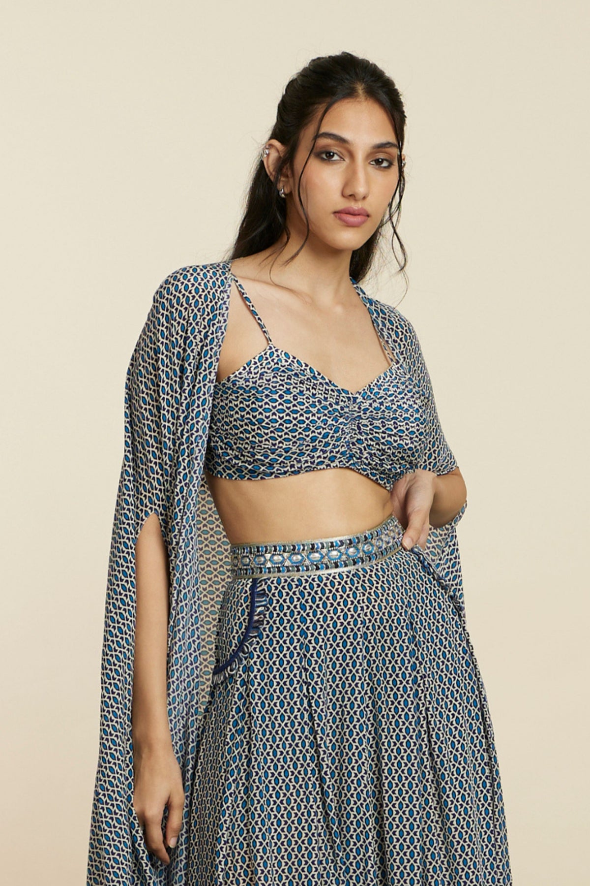 Blue Geometric Print Cape Set